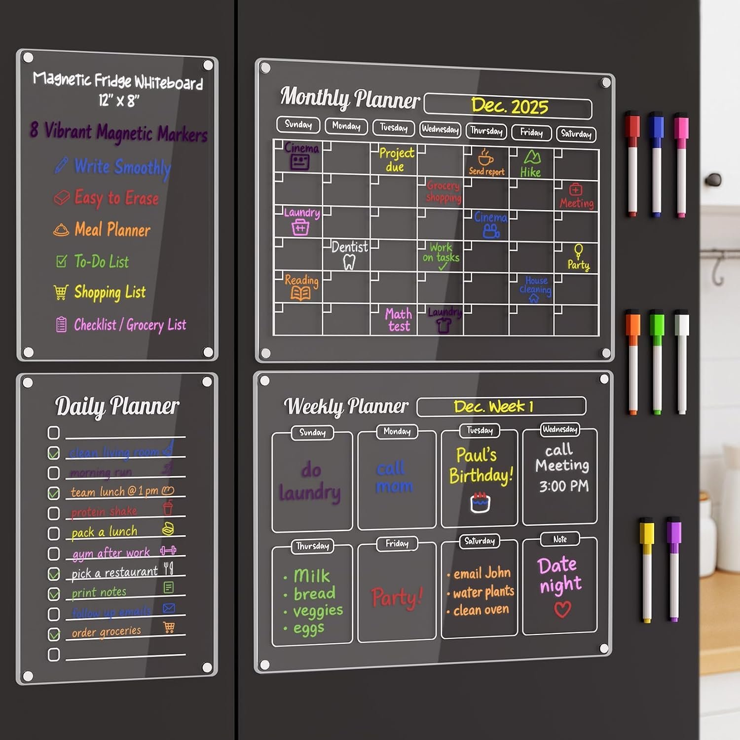 Grtard 4 Pack Acrylic Calendar for Fridge, Magnetic Calendar for Refrigerator, 16″x12″ Dry Erase Whiteboard Fridge Calendar,2026 Clear Monthly Weekly Daily Memo Planning Board with 8 Markers