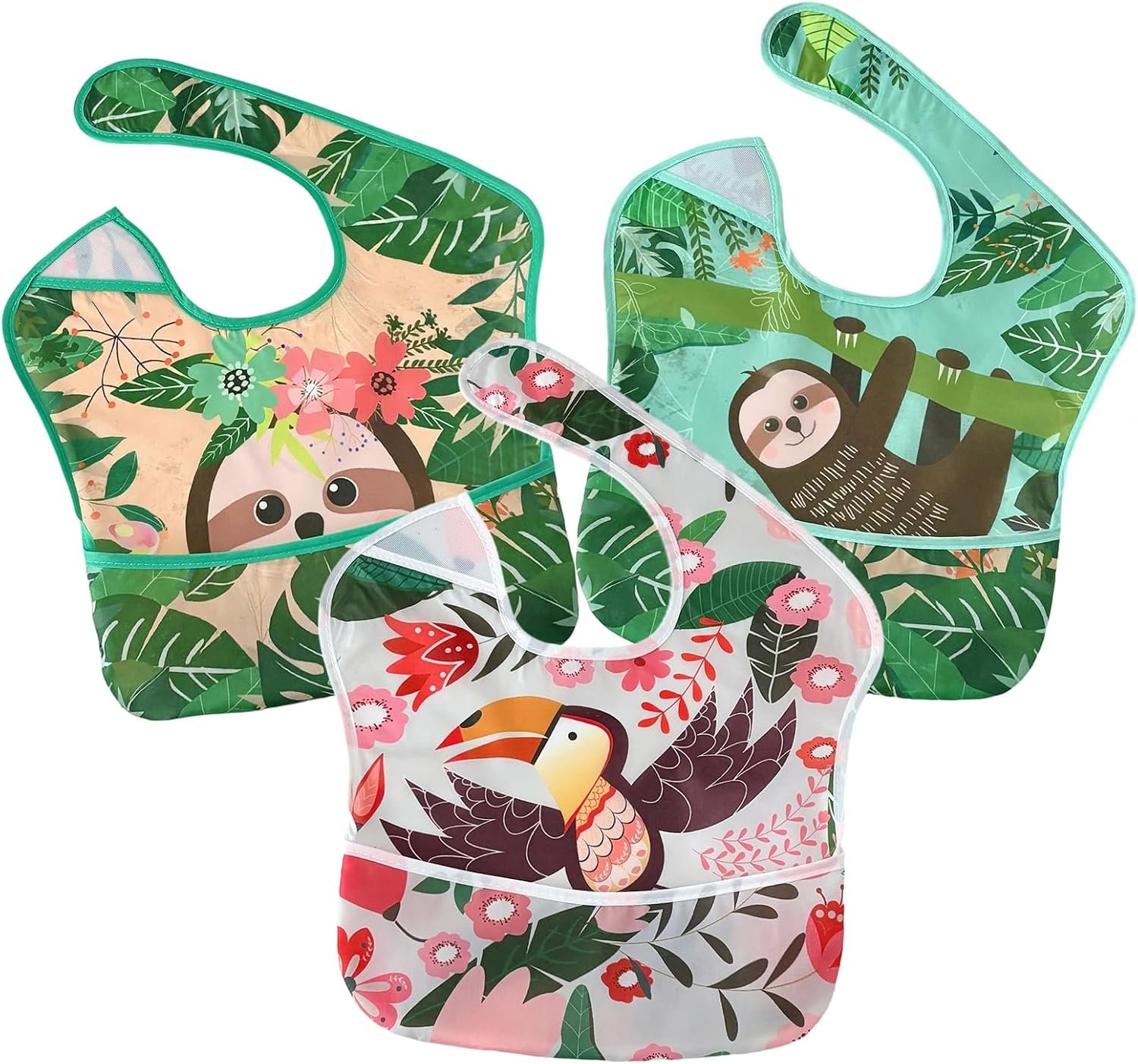 PandaEar 3 Pack Baby Bibs for Boys & Girls, Waterproof Polyester Toddler Bibs for 6-24 Months, Lightweight Soft Feeding Bibs with Food Catcher Pocket (Animal Theme Series)