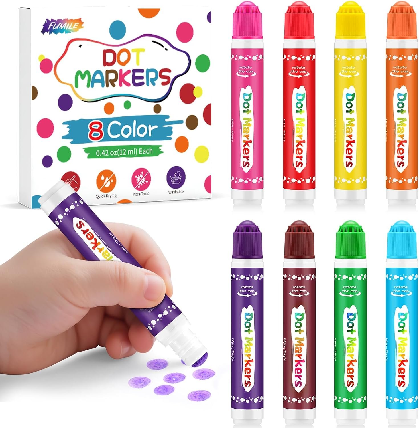 FUMILE Dot Markers for Toddlers 1-3,8 Colors Bingo Daubers for kids,Non-Toxic and Washable Bingo Dot Markers for Art and Craft.Dot Paints for kids Drawing Coloring Supplies
