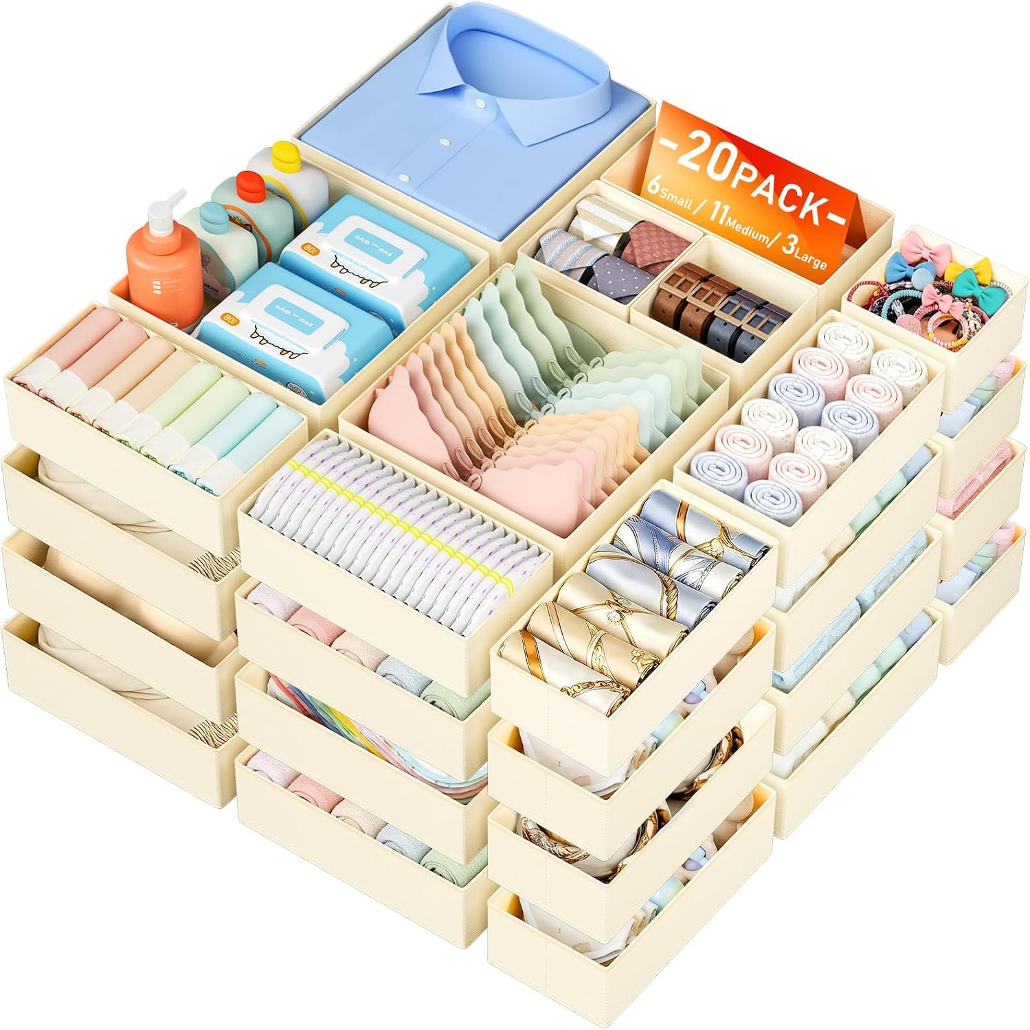 DIMJ Drawer Organizer Clothes – 20 Pack Closet Drawer Organizer Bins for Baby Clothes Storage, Fabric Dresser Organizer for Nursery Bedroom, Foldable Small Drawer Dividers for Underwear Socks