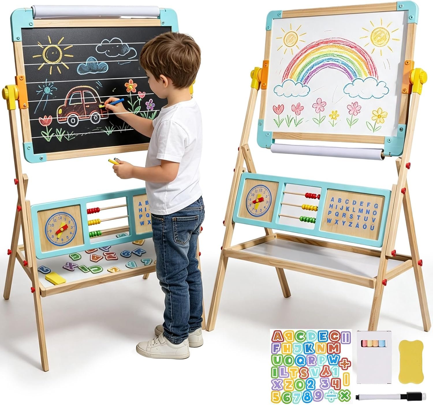 Wooden Easel for Kids with Paper Roll – Magnetic Double Sided Drawing Board Whiteboard & Chalkboard Dry Easel Board Children Art Easel for 3~12 Years Kids (Blue)