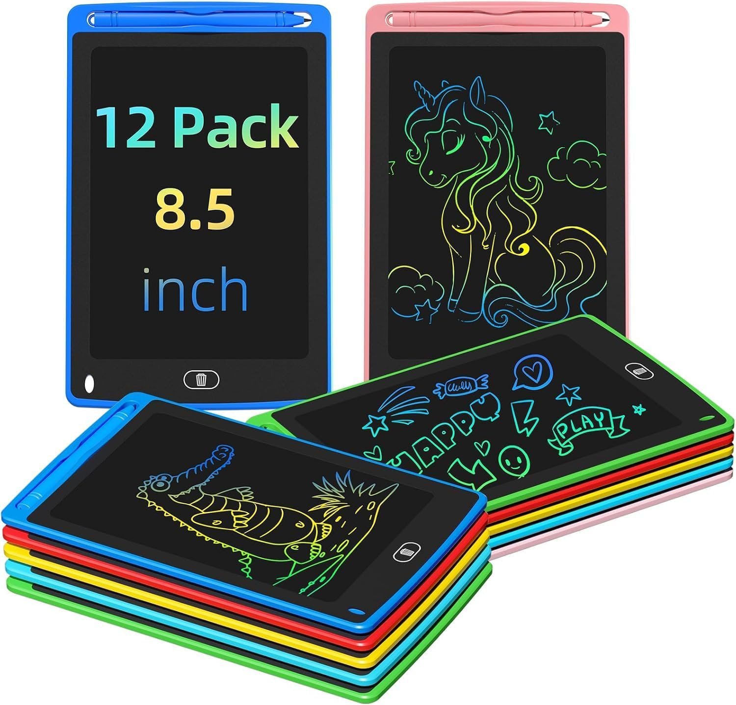 Party Favor 12 Pack LCD Writing Tablet for Kids, 8.5 Inch Colorful Drawing Doodle Board, Erasable Doodle Pad for Toddlers, Educational Learning Toys Birthday Gifts for Boys Girls Age 3 4 5 6 7 8