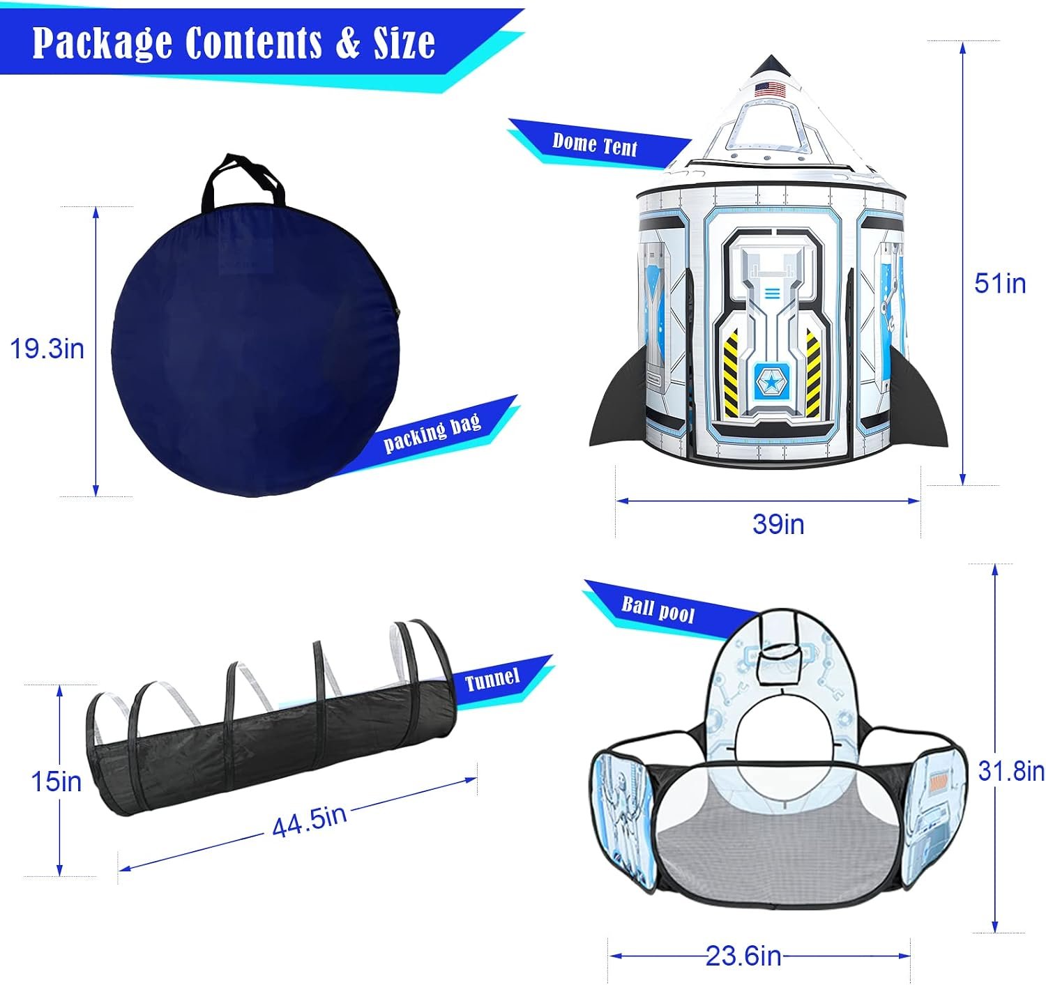 Kids Ball Pit for Play Tent: 3PC Rocket Ship Baby Gifts, Spaceship Tents and Crawl Tunnel for Toddlers, Astronaut Pop Up Playhouse Toys for Indoor Outdoor Games (White)