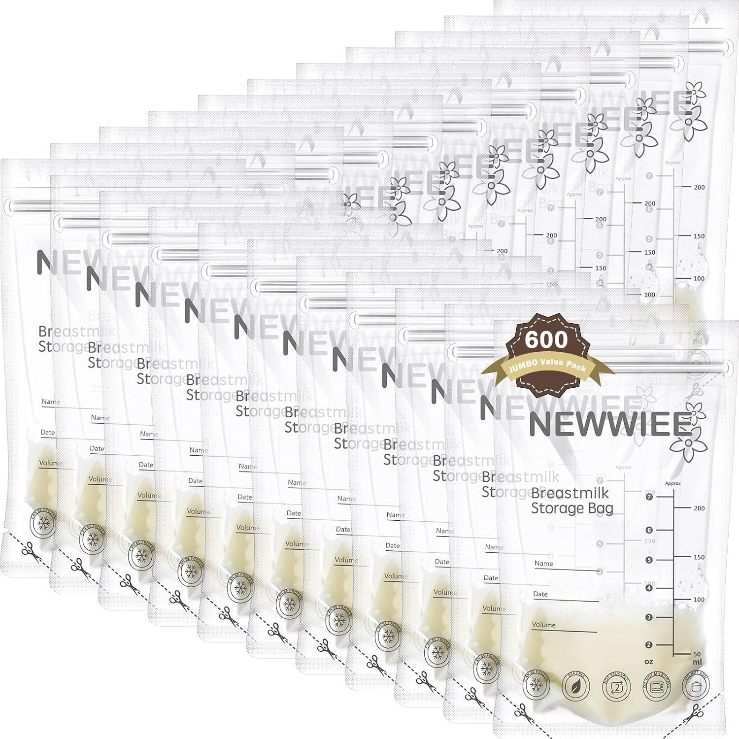 Newwiee 600 Count Breastmilk Storage Bags 7oz Self Standing Freezer, Gray