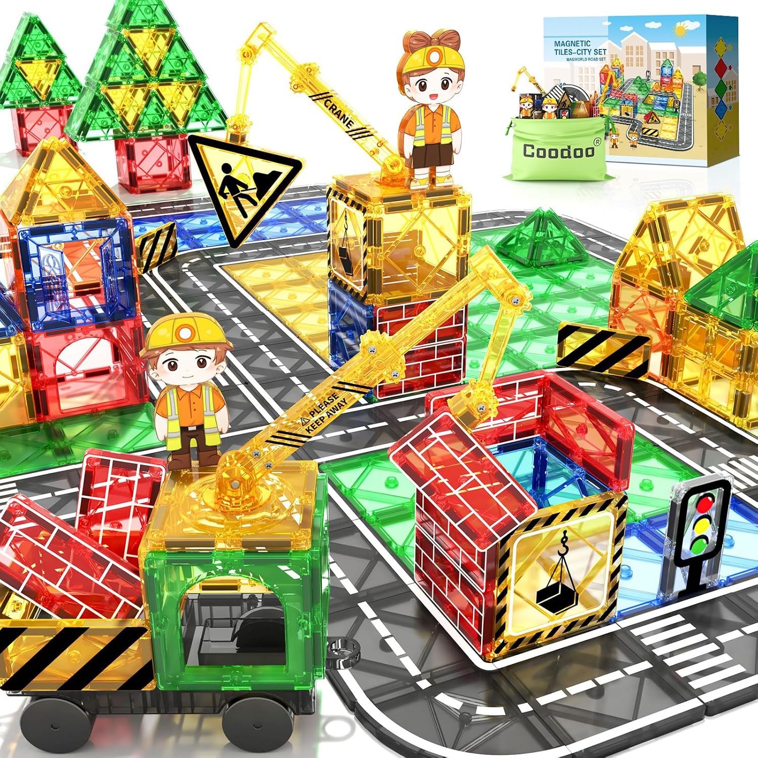 Kids Games Magnetic Tiles Road Set with Extendable Crane Magnetic Blocks