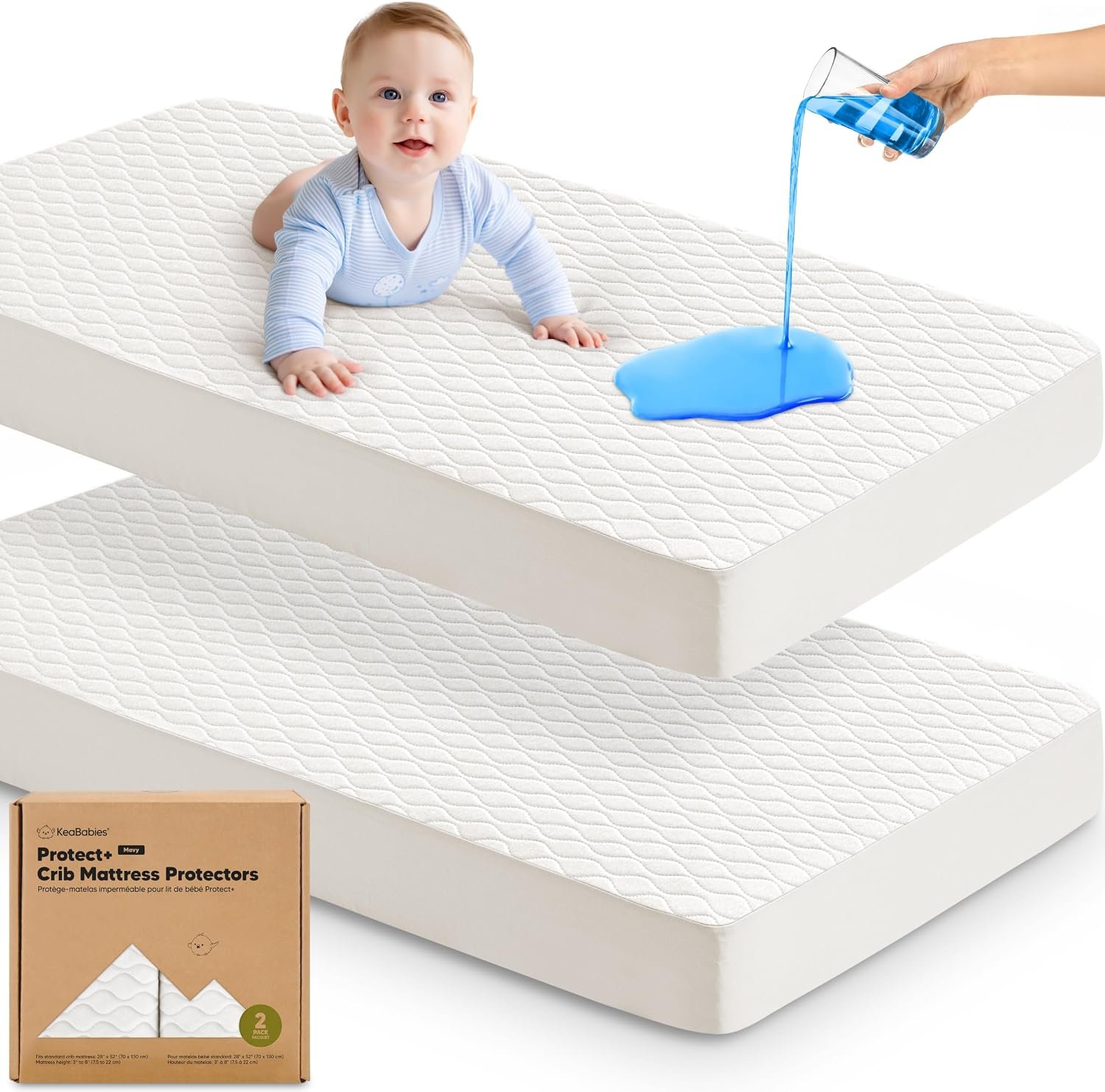 2pk Waterproof Crib Mattress Protector Cover Fitted 52×28 (Soft White/Mavy)