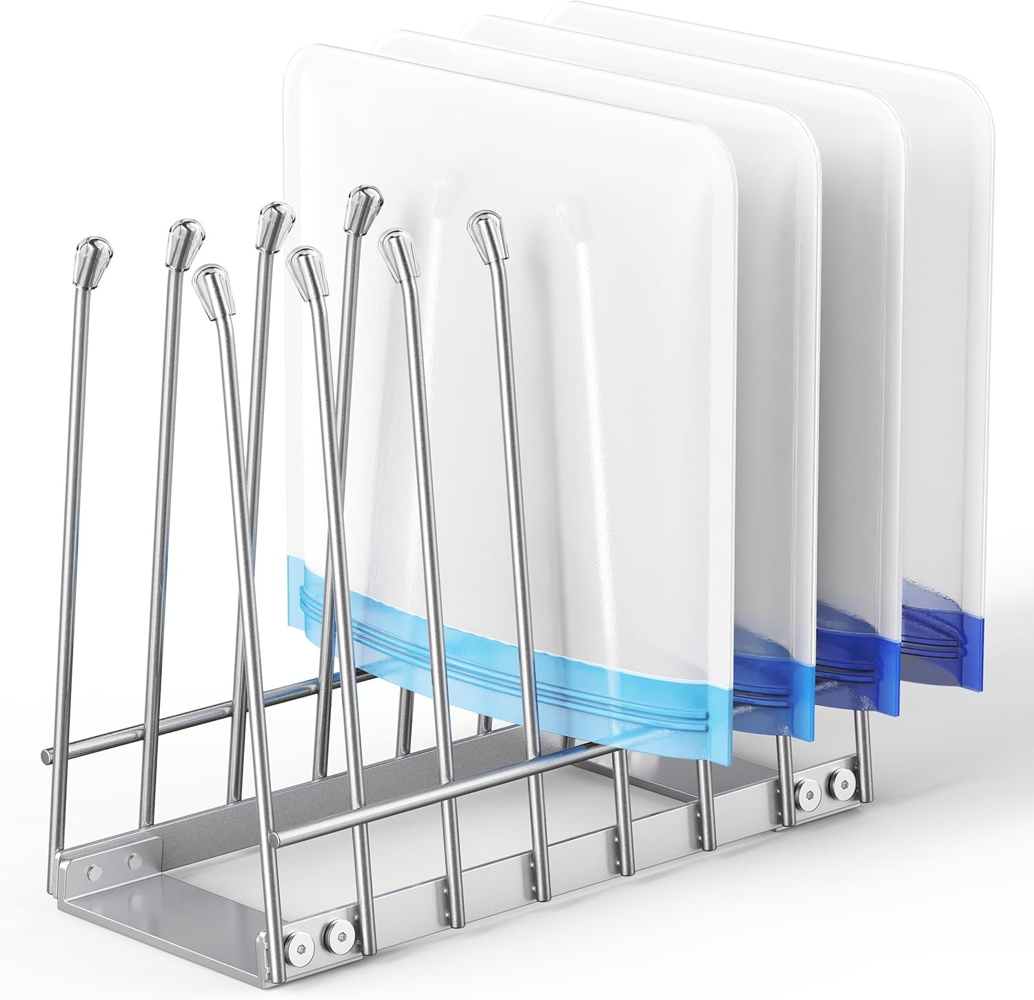 Bag Drying Rack Organizer, Metal Stand for Reusable Ziplock & Silicone Storage Bags, Rustproof Kitchen Dryer，Silver