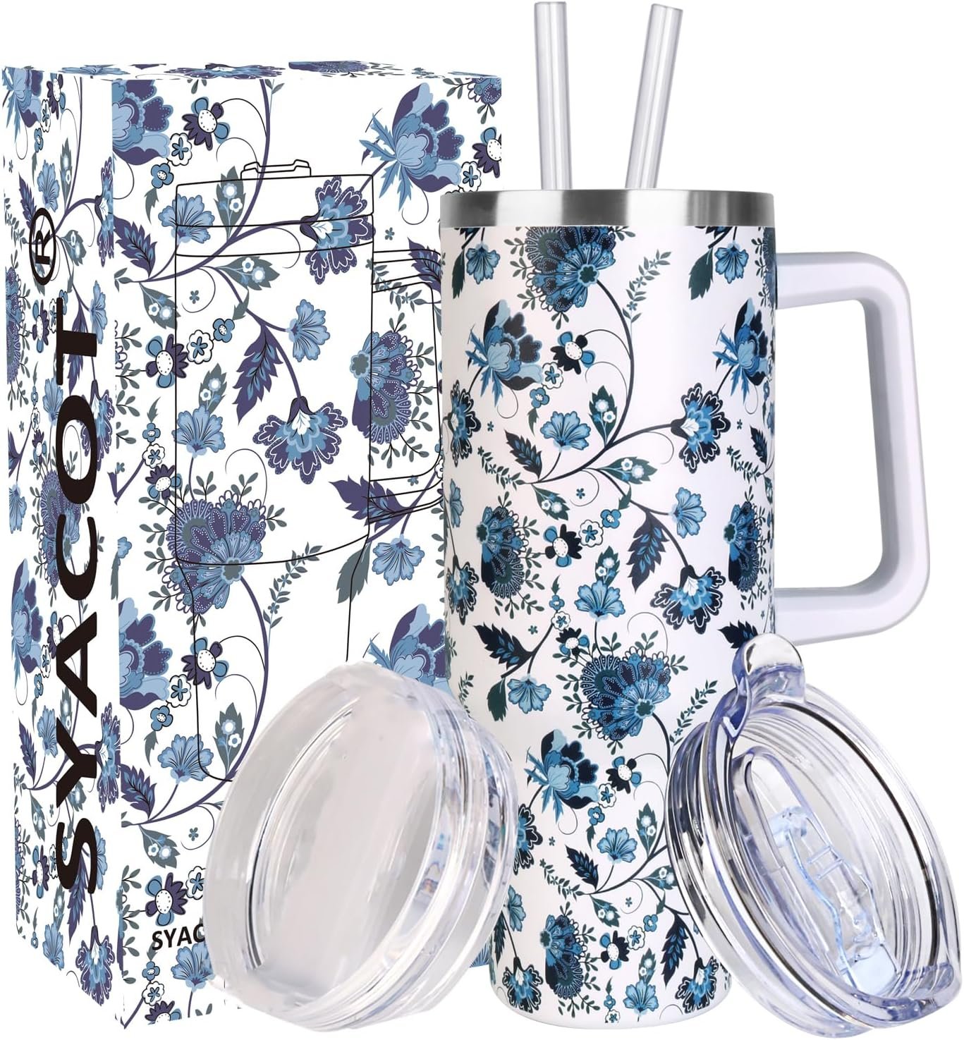 SYACOT 40 oz Tumbler with Handle and Straw Stainless Steel Insulated Tumbler Leak Proof Lid and Straw Lid Reusable Travel Mug Coffee Mug Cup Dishwasher Safe Keep Drinks Cold and Hot (Ceramics)