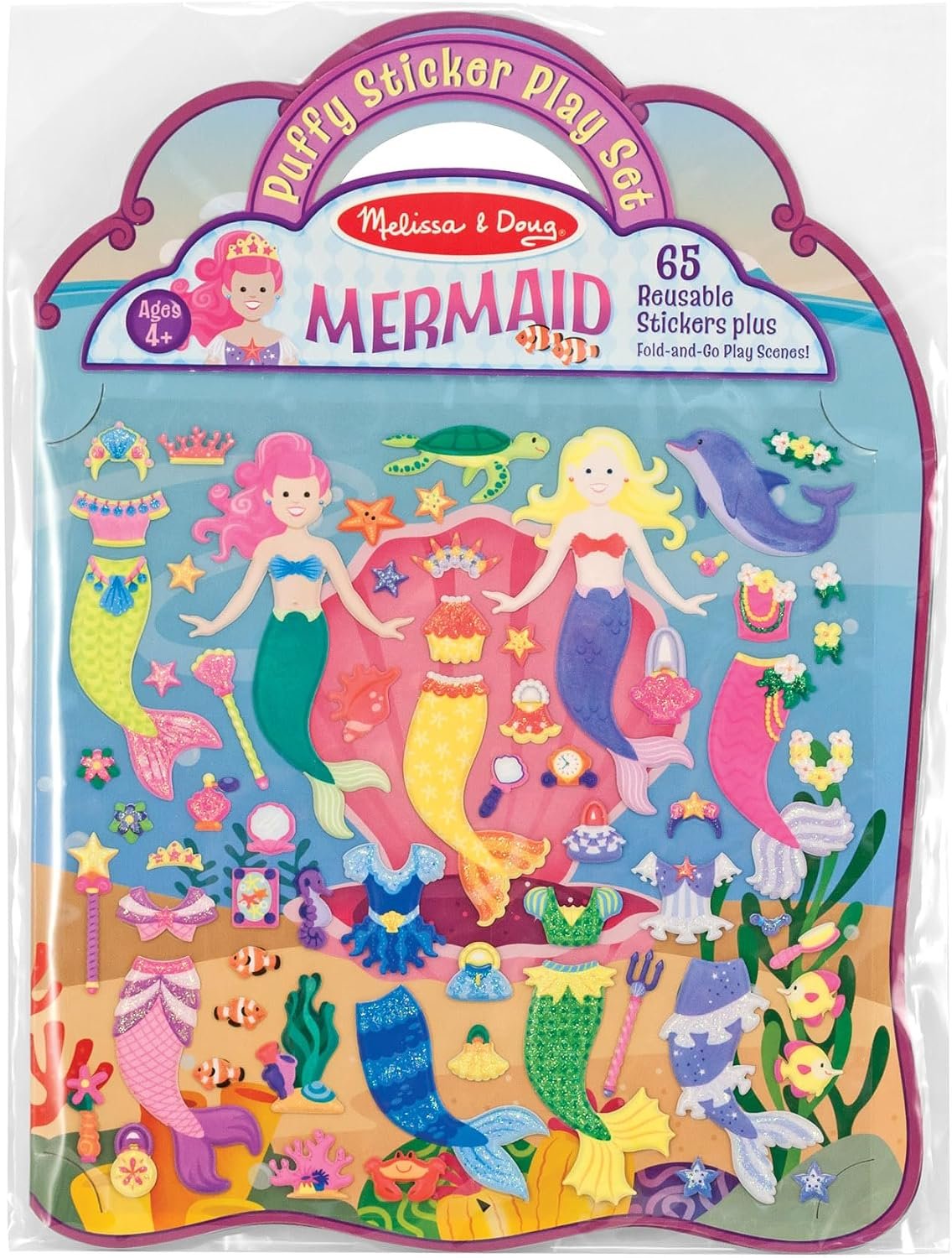 Melissa & Doug Puffy Sticker Play Set – Mermaids, 65 Reusable Stickers with 2 Fold-Out Scenes, Restickable Fashion Activity Book, Mess Free Travel Toys for Kids Ages 4+ – FSC Certified