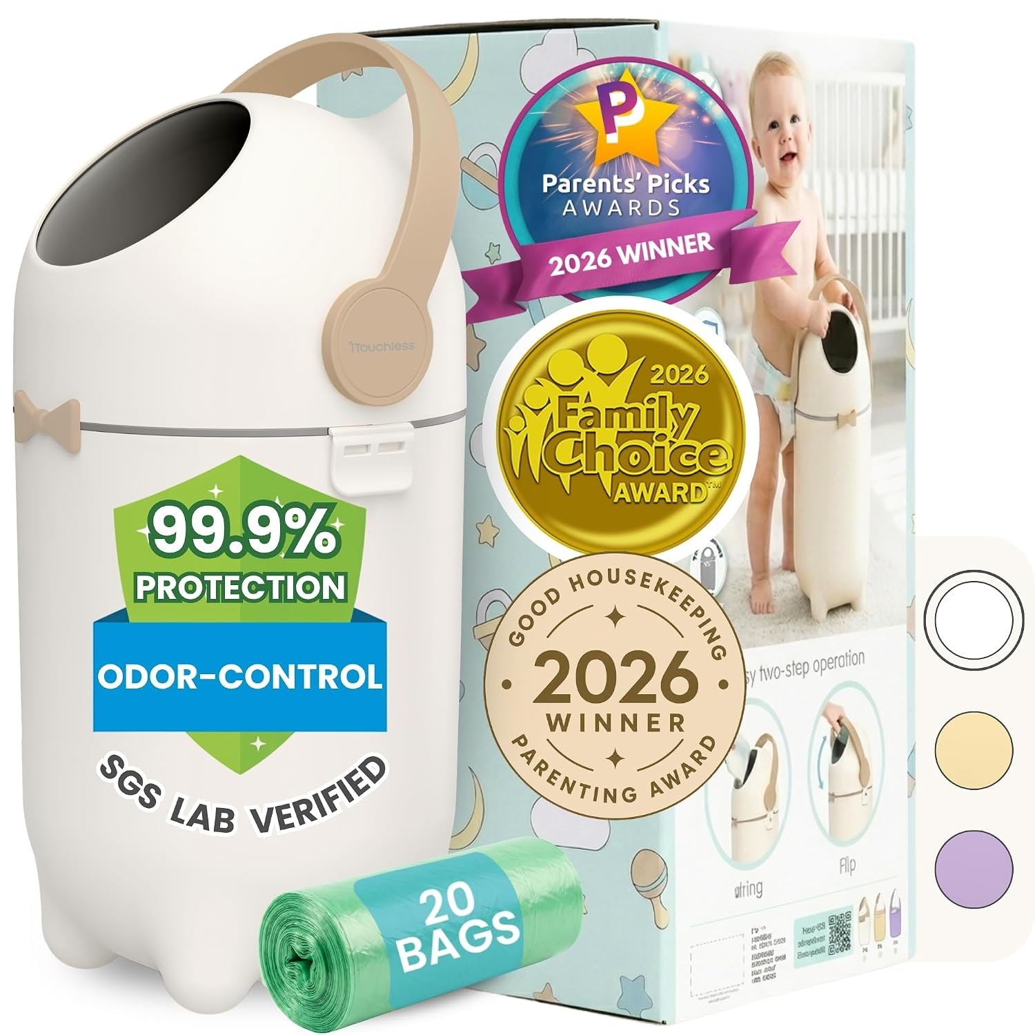 iTouchless Odor-Locking Nursery Pail | 2026 Award-Winning Bin | Boho White