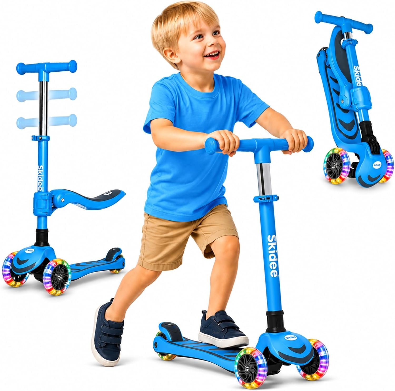 SKIDEE Kick Scooter for Kids Ages 3-5 | Foldable 3 Wheel Scooter with Lean-to-Steer, Adjustable Height, Removable Seat & LED Light Wheels | Toddler Scooter Up to 12 Year Old Boys/Girls
