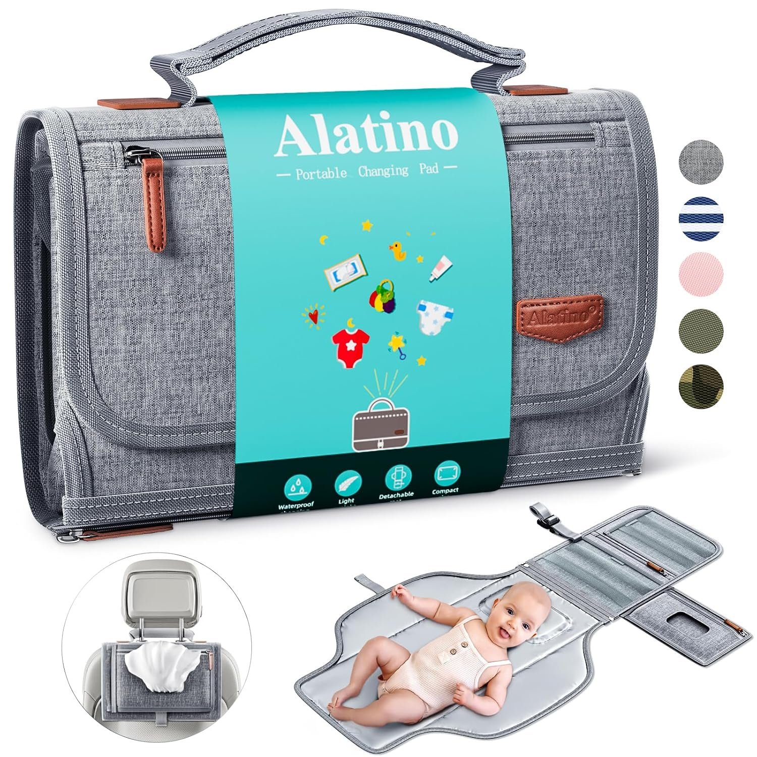 Alatino Portable Diaper Changing Pad, Wipe Clean, Large 25×22, Grey