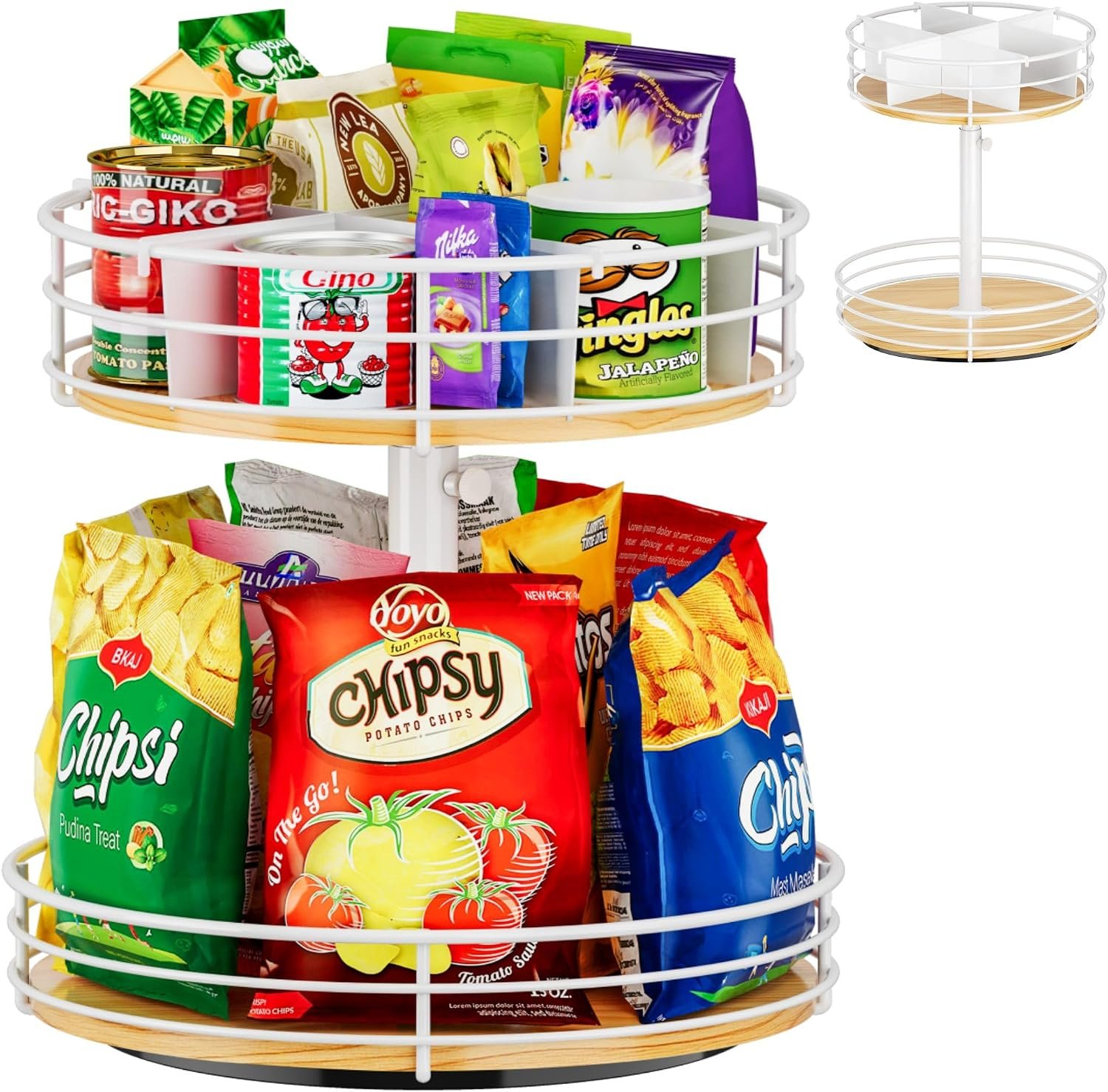 2 Tier Lazy Susan with Adjustable Height and Metal Divider Design, White