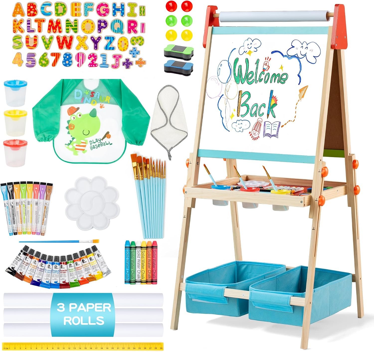 Blue 3-in-1 Wooden Kids Art Easel, Magnetic Whiteboard & Chalkboard