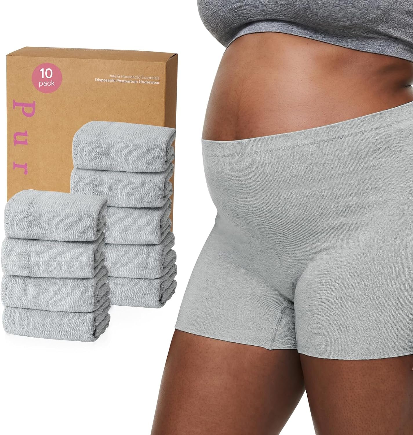 PurComfy Postpartum Underwear for Women, High Waisted, Grey, 10 Pcs
