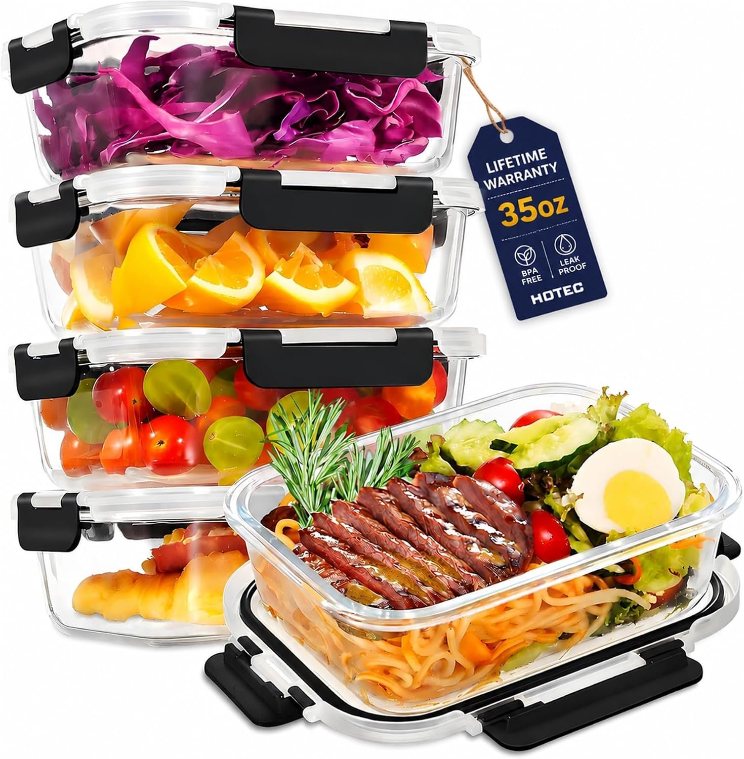 HOTEC 35OZ Glass Food Storage Container, 4-Pack