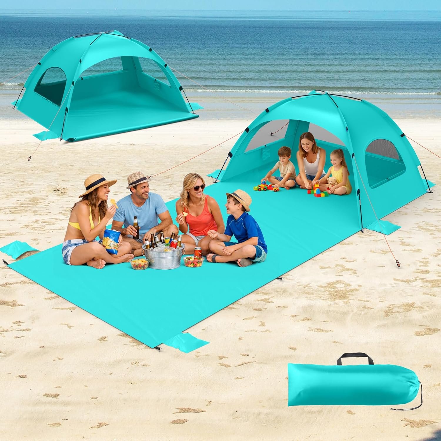 Beach Tent Sun Shelter- with 114 x 82” Extended Mat for 3-6 Person,UPF 50+ UV Protection,Easy Setup Beach Shade Canopy,Portable Camping Sun Shelters with 3 Mesh Window for Family Picnics Fishing-Aqua