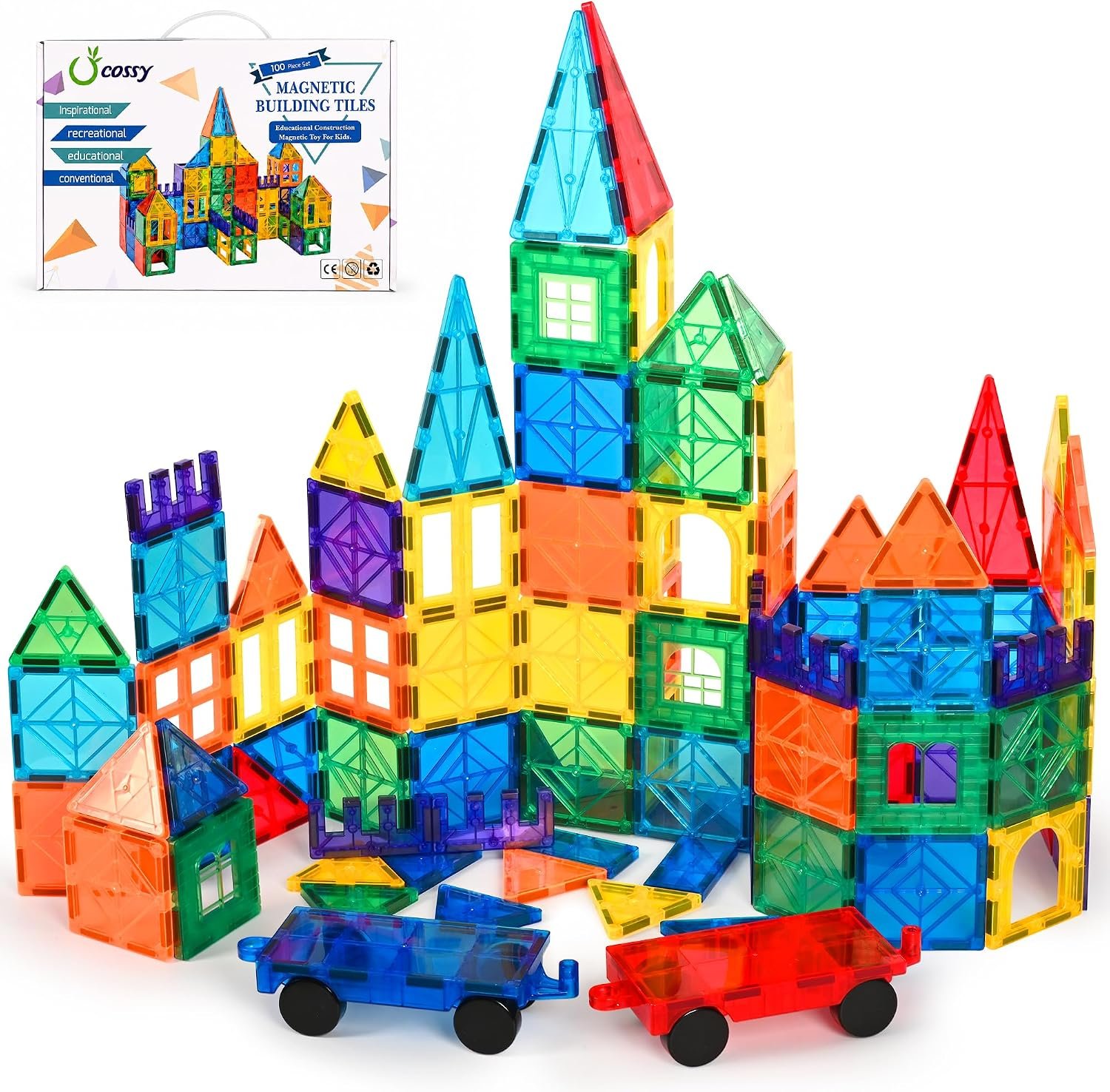 cossy 100 Pcs Magnetic Tiles, Magnet 3D Building Blocks Set with 2 Cars