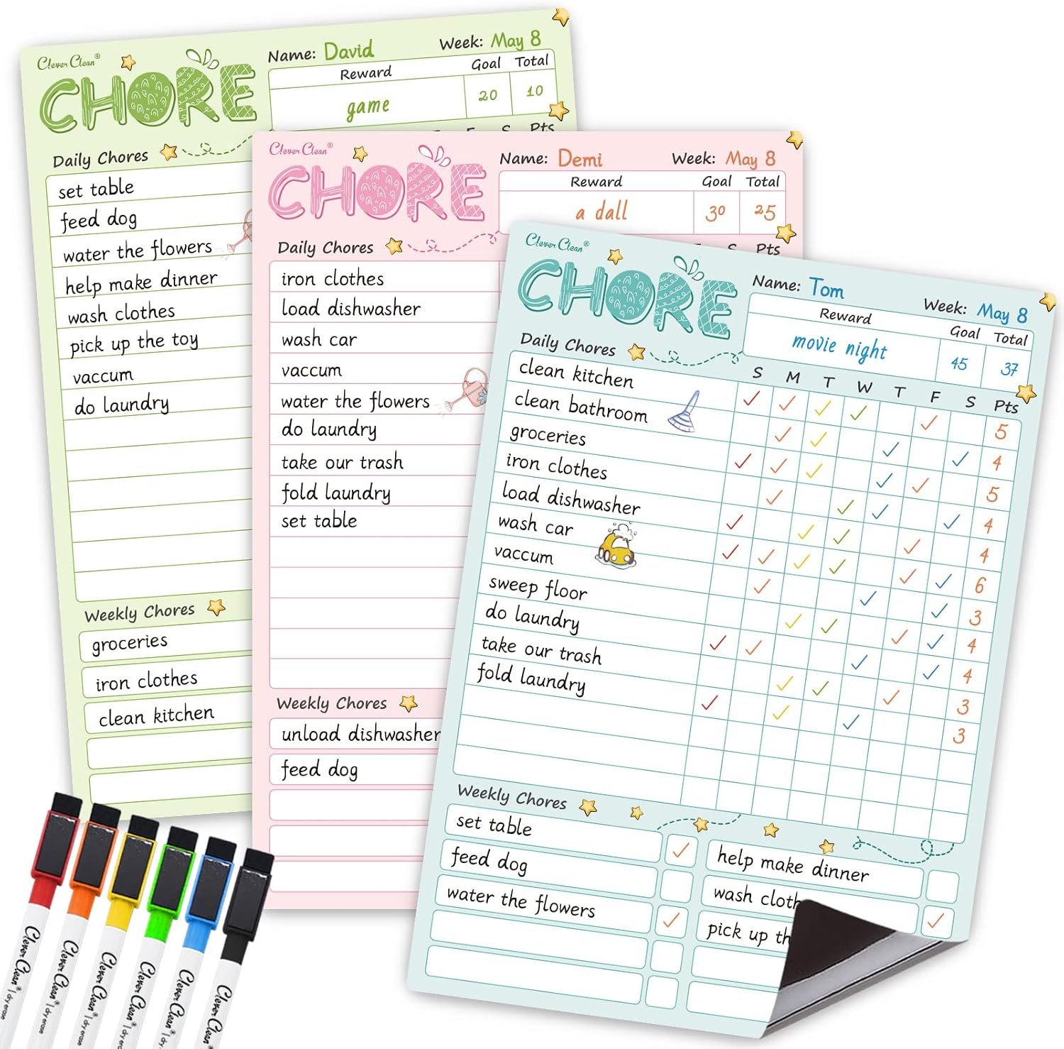 Magnetic Dry Erase Chore Chart – 8.5″x12″ Behavior Responsibility Chore Board for Kids, Teenagers – 6 Extra Fine Point Markers Included – Shipped Flat 3 Pcs Blue Pink & Green