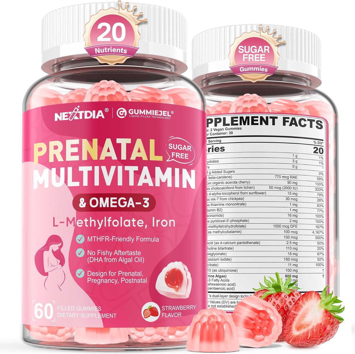 Prenatal Vitamins for Women Gummies, Methylfolate 1mg, Vegan Omega 3 DHA