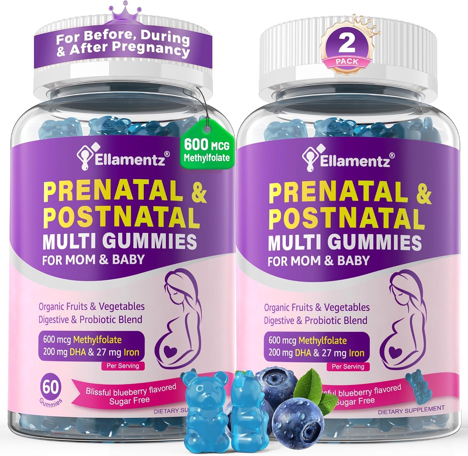 Prenatal Vitamins for Women Gummies + Methylfolate, DHA & Iron, Vegan,120Ct