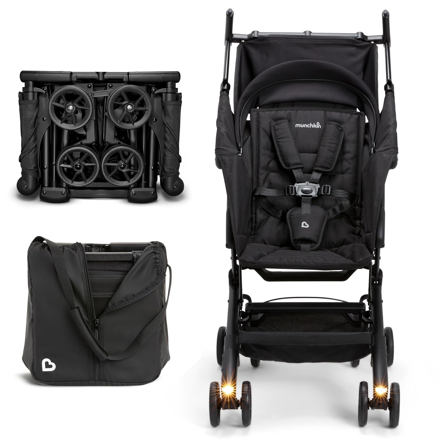 Munchkin® Night Owl™ Lightweight Travel Stroller with Wheel Lights, Ultra Compact Baby Stroller for Everyday Travel and Easy Storage, Essential Gear for Babies & Toddlers, Black