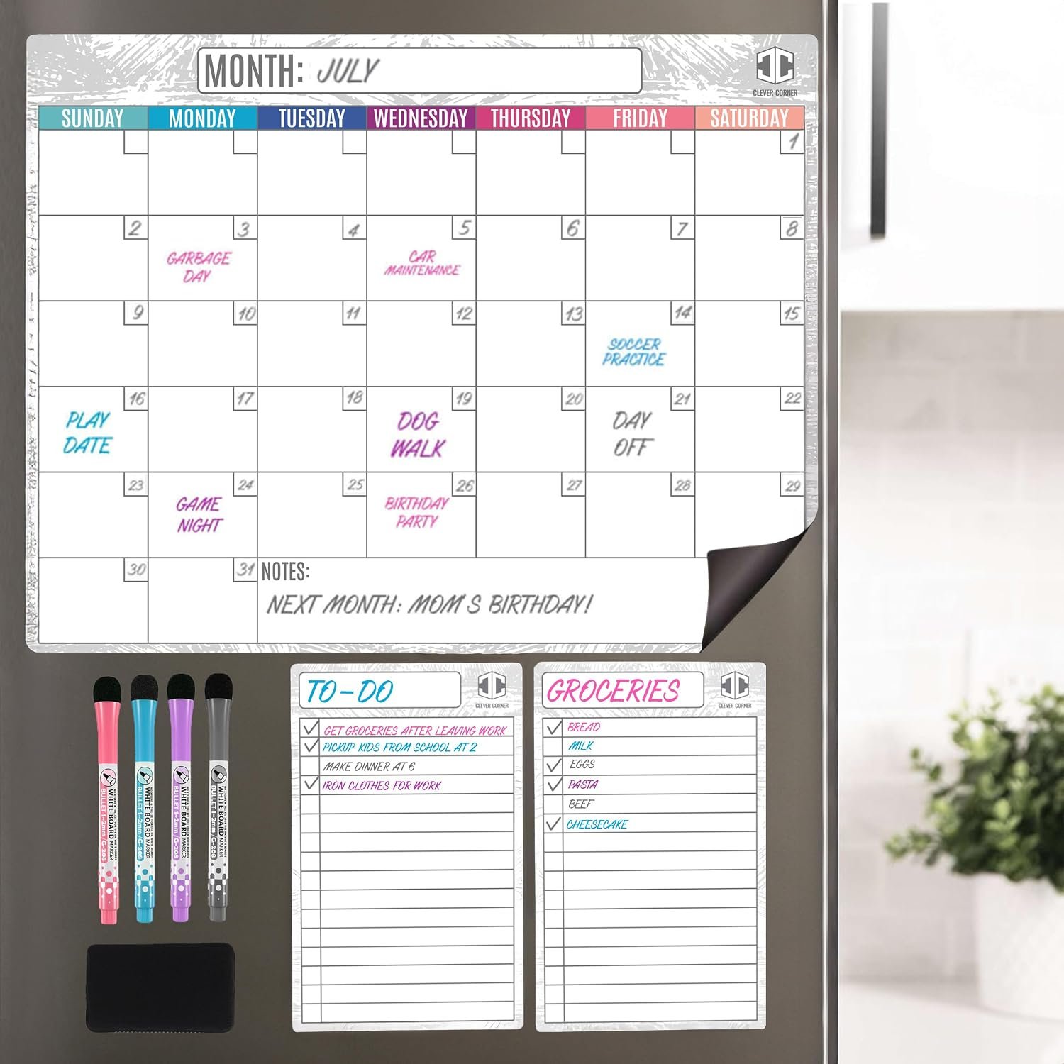 Dry Erase Magnetic Calendar for Refrigerator 16.5×13; 2 Wide Notepads; 4 Markers; Eraser – No Stain Monthly Fridge Calendar Whiteboard