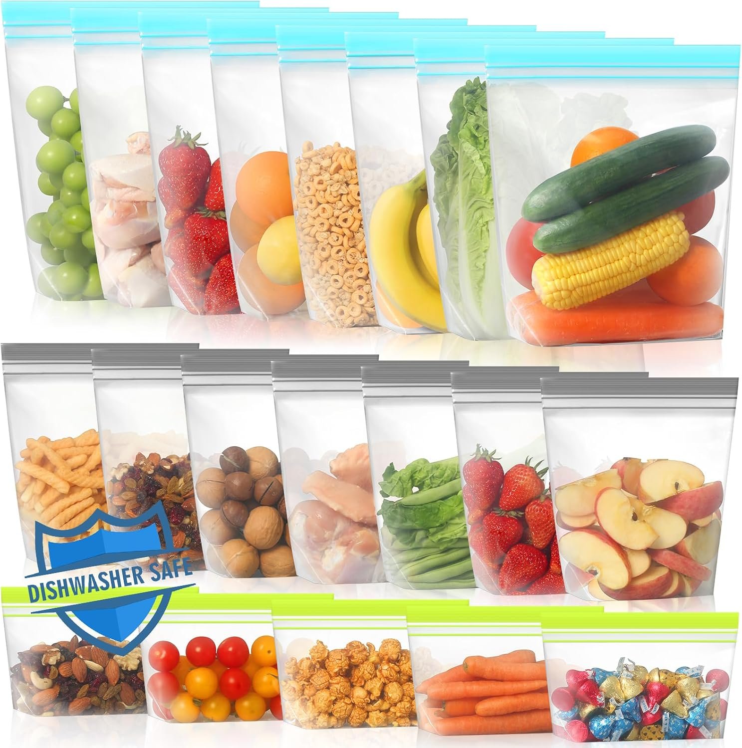Lerine 20 Pack Stand Up Reusable Freezer Bags, Dishwasher Microwave Safe