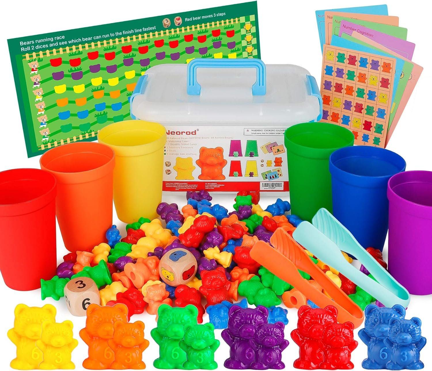 NEOROD Counting Bears – 90 Pcs Color Sorting Toys for Toddlers 1-3 & Preschool Learning Toys with Stacking Cups,Math Manipulatives with 2 Tweezers, 2 Dices, 12 Activity Cards & Storage Container