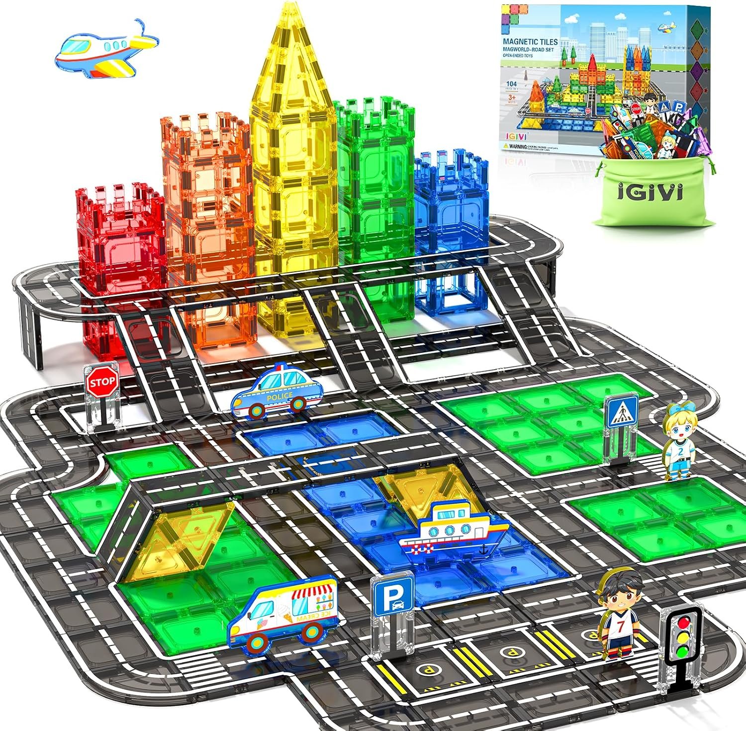 104 PCS Magnetic Tiles Road Set, STEM Magnet Toys Gift for 3+ Year Old Boys