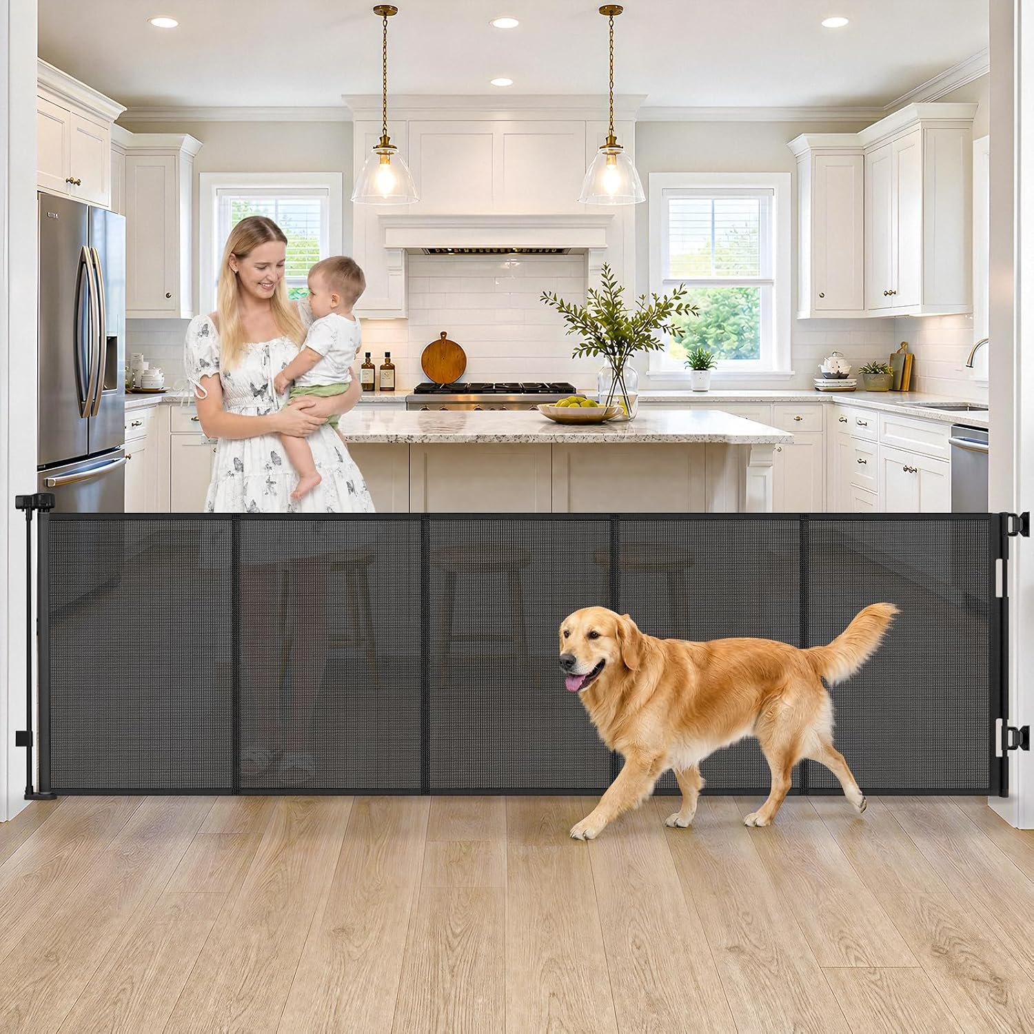 Reinforced 108″ Extra Wide Retractable Baby Gates, 9ft Retractable Dog Gate