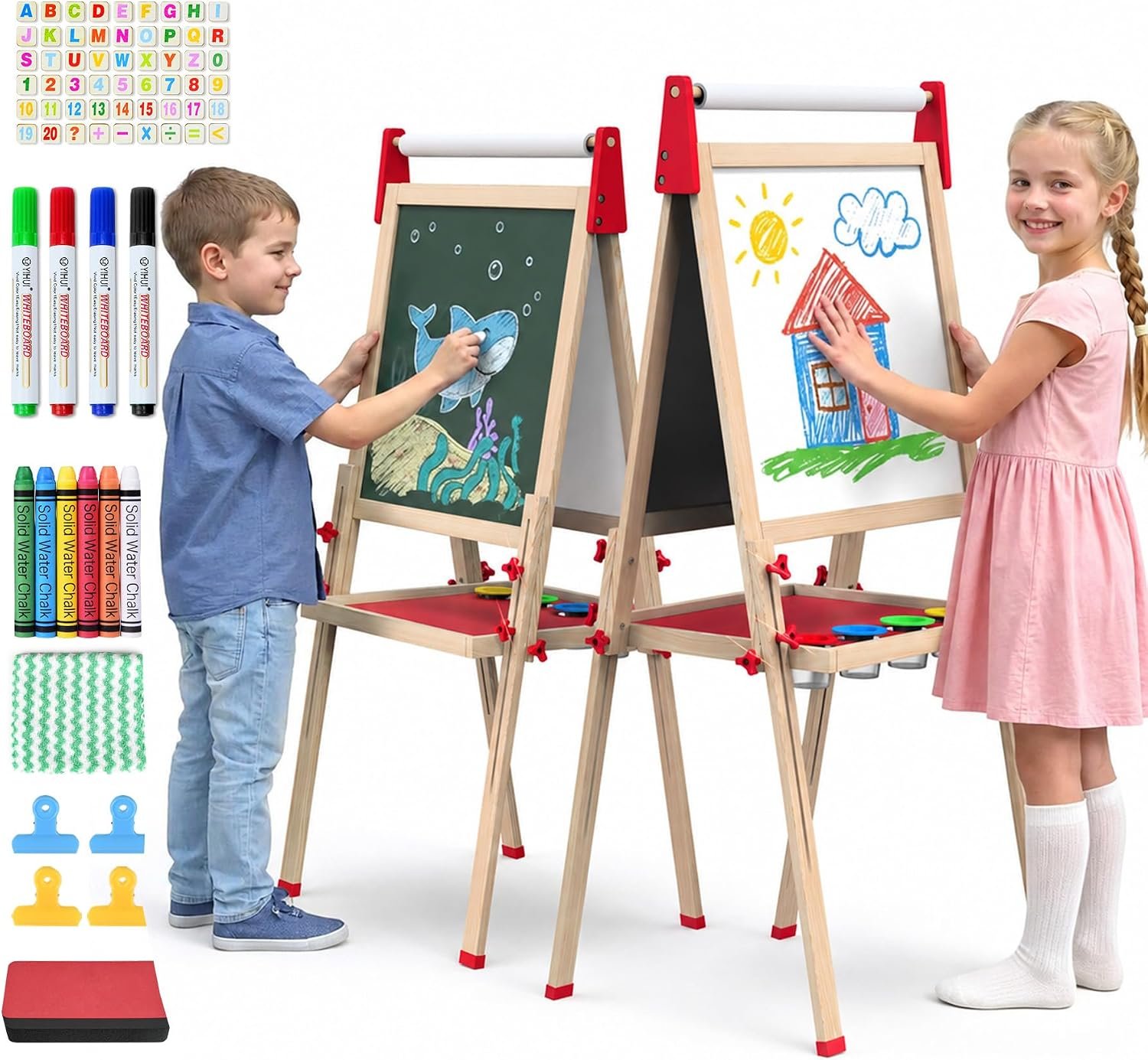 Kids Art Easel, Adjustable Wood Chalkboard, Easels for Toddlers