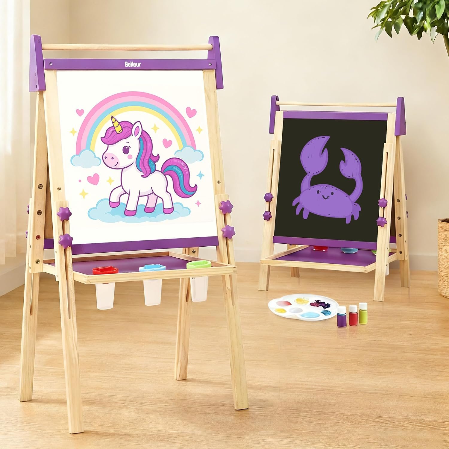 Belleur Wooden Art Easel for Kids 2+, Adjustable Double Sided Easel for Toddlers with Dry-Erase Board & Magnetic Whiteboard & Paper Roll Rod, 28″-40″ Height Learning Toys, Gift for Child – Purple