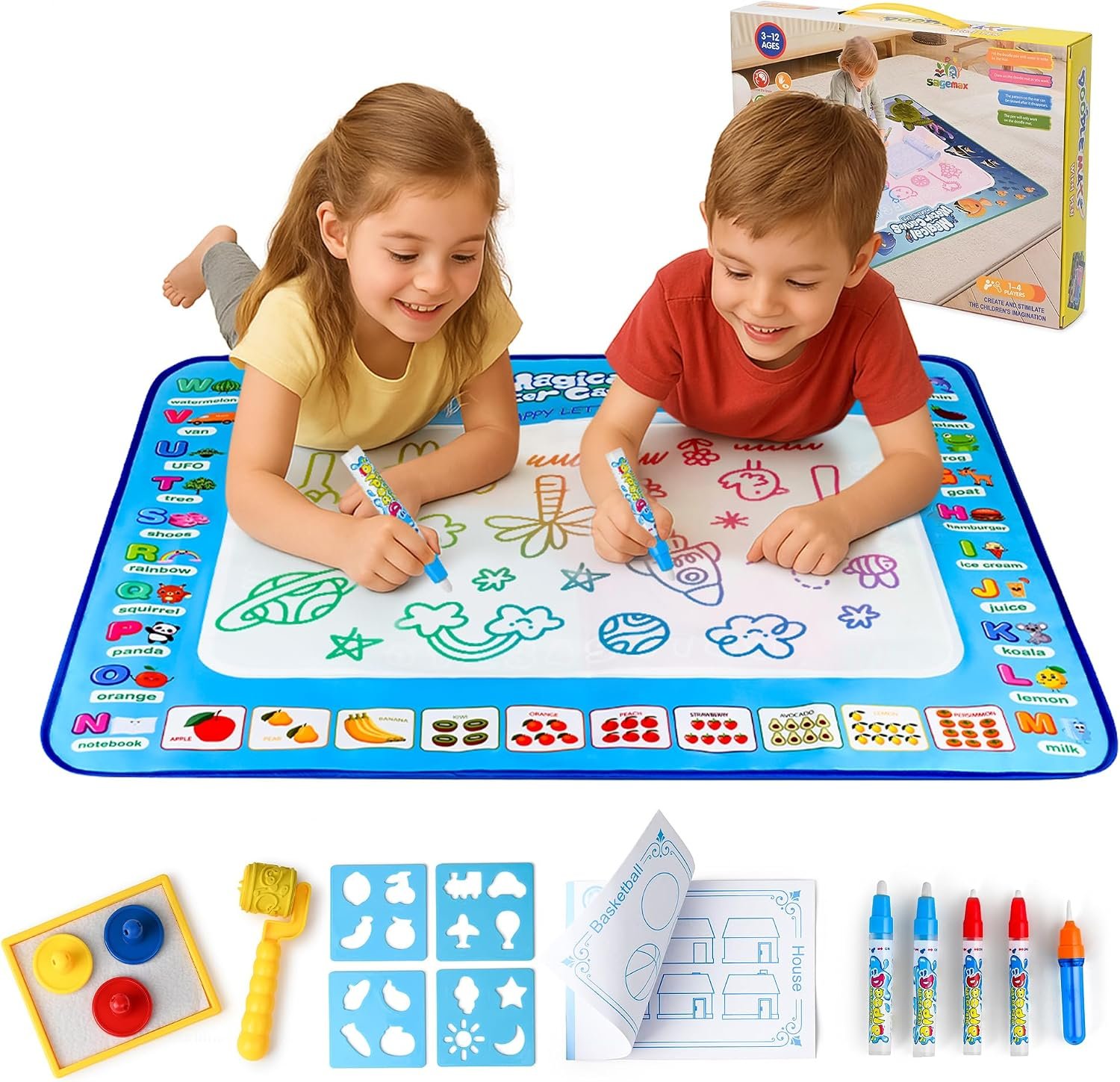 Water Doodle Mat | Mess Free Painting for Toddlers | Doodle Pad for Kids Ages 3-12 | Toddler Drawing Pad with Fillable Pens & Booklet | Fun and Interactive Water Mat for Girls & Boys | Sagemax