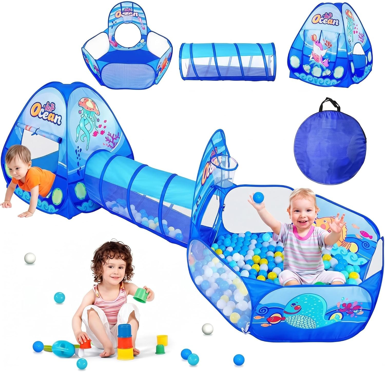 PigPigPen 3 in 1 Kids Play Tent with Tunnel, Ball Pit, Basketball Hoop for Boys & Girls, Toddler Pop Up Playhouse Toy Baby Indoor/Outdoor, Gift Year Old Child (3 Tent)