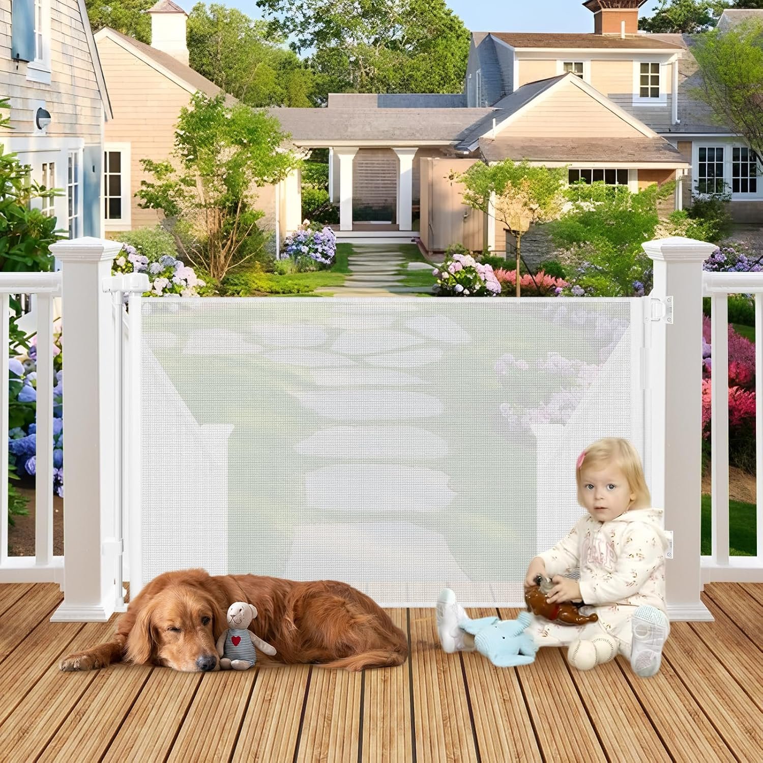 Weatherproof Outdoor Retractable Baby Gates, 55″ Wide Dog Gate for Decks