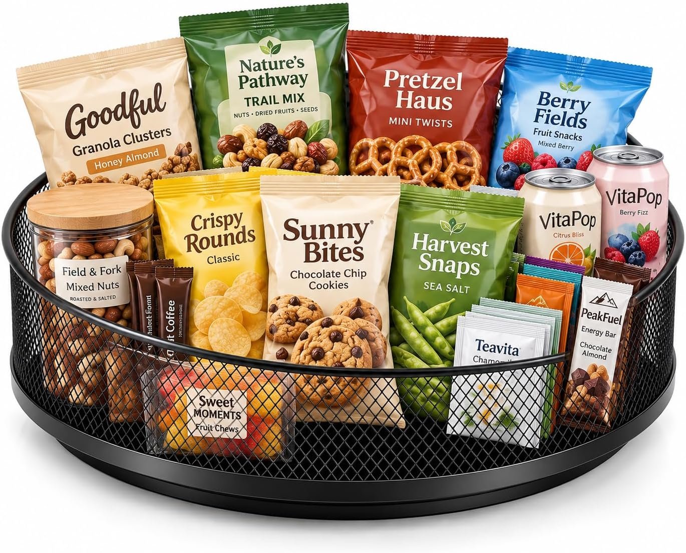 Rotating Snack Organizer Basket, Metal Mesh Lazy Susan Turntable 10.6inch