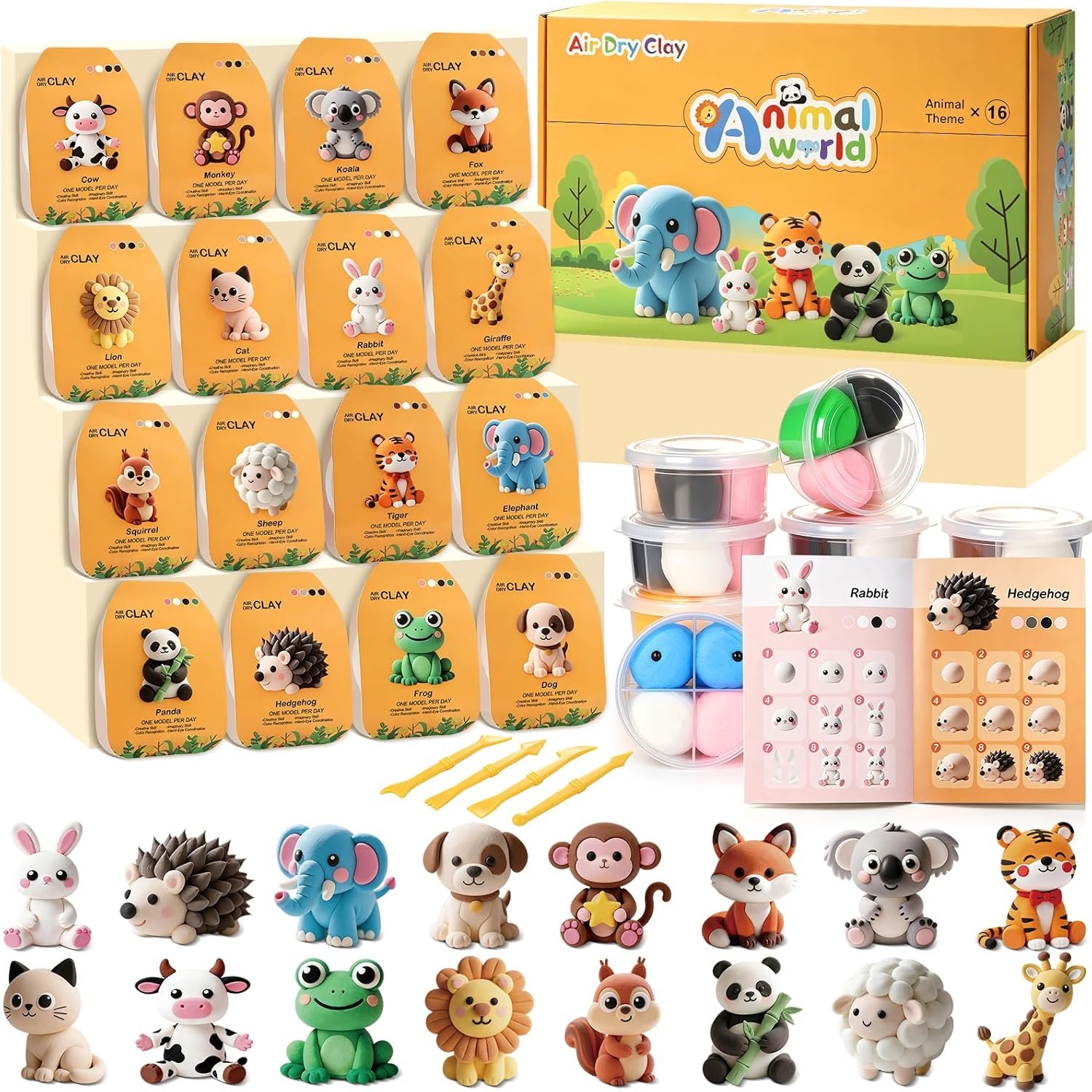 Air Dry Clay Kit, 16 Animals Modeling Magic Clay Air Dry Clay for Kids, Soft & Non-Sticky Molding Clay Kits with Tools Instruction for Home Art Party Favors Gifts
