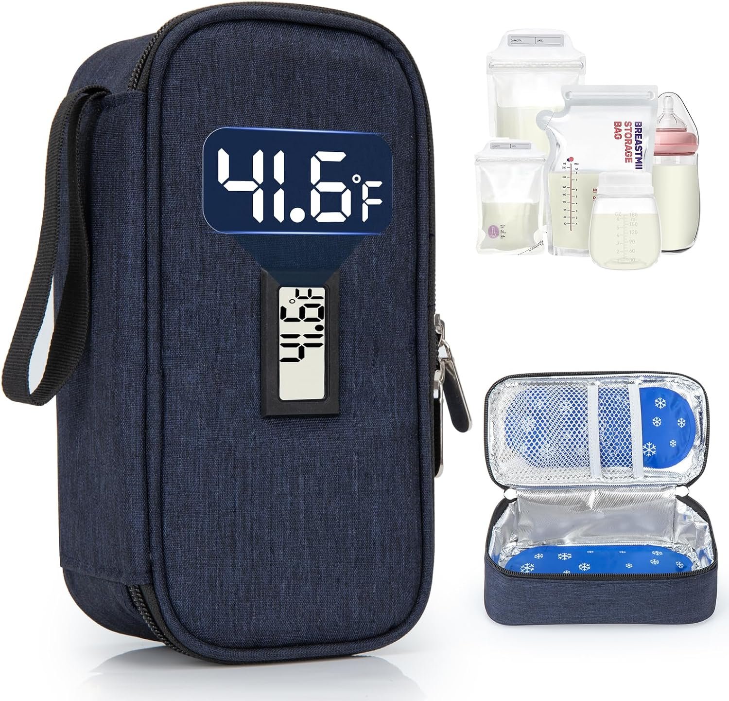 Breast Milk Cooler Travel Bag, Real-Time Temperature Display, Holds 4-6 Breastmilk Storage Bag with 2 Breast Milk Ice Pack, Cooling & Waterproof Portable Cooler for Moms on the Go (Navy Blue)