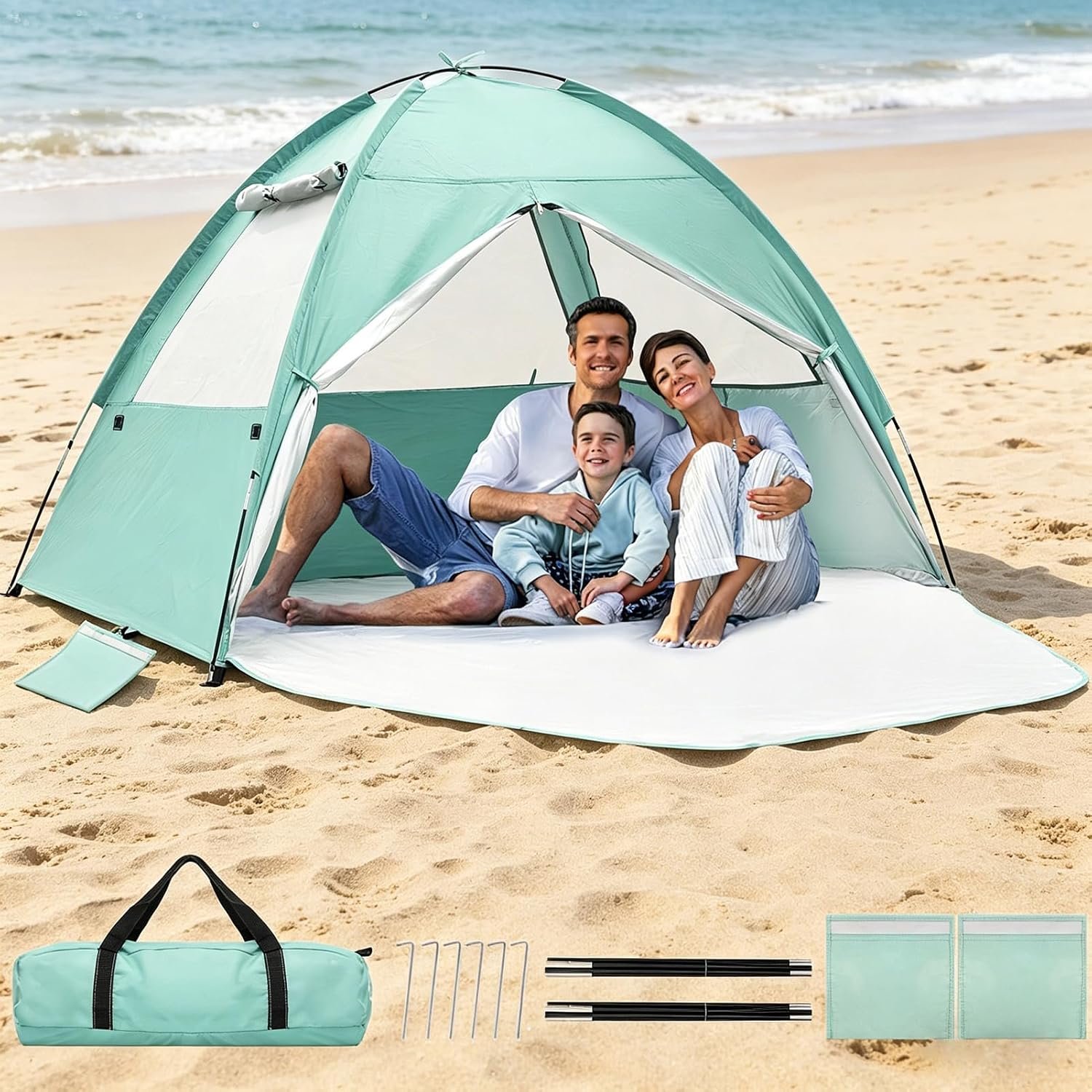 Beach Tent, for 3-4 Person Large Easy Setup UPF 50+ UV Protection