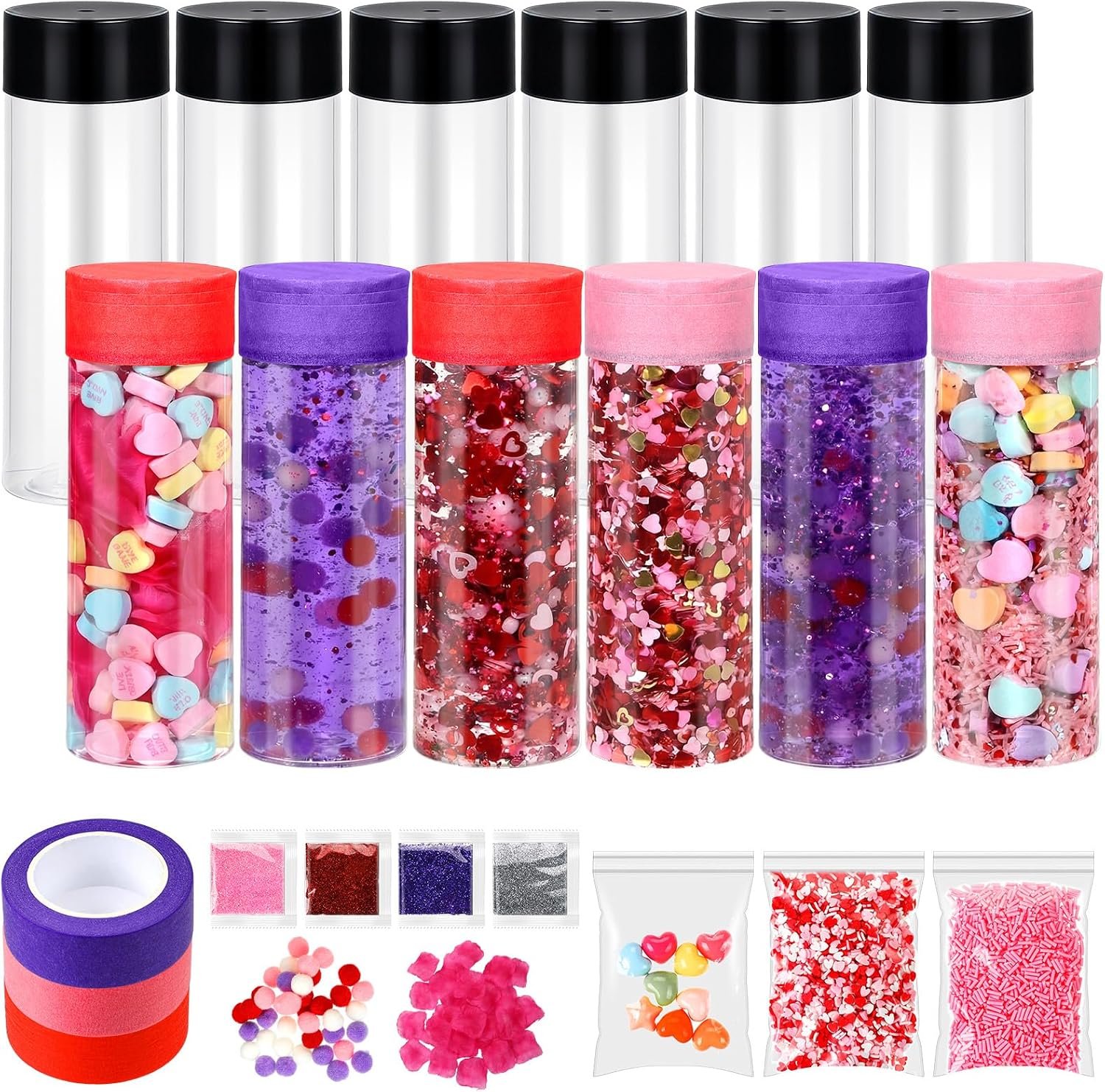 FoldTier 12 Set Valentine’s Day Sensory Bottle Kit Include 13.5 oz Plastic Clear Container and Pom-pom Balls, Gitter Heart, Clay, Faux Rose and Tape Calm Down Jar Filler for Holiday Supply