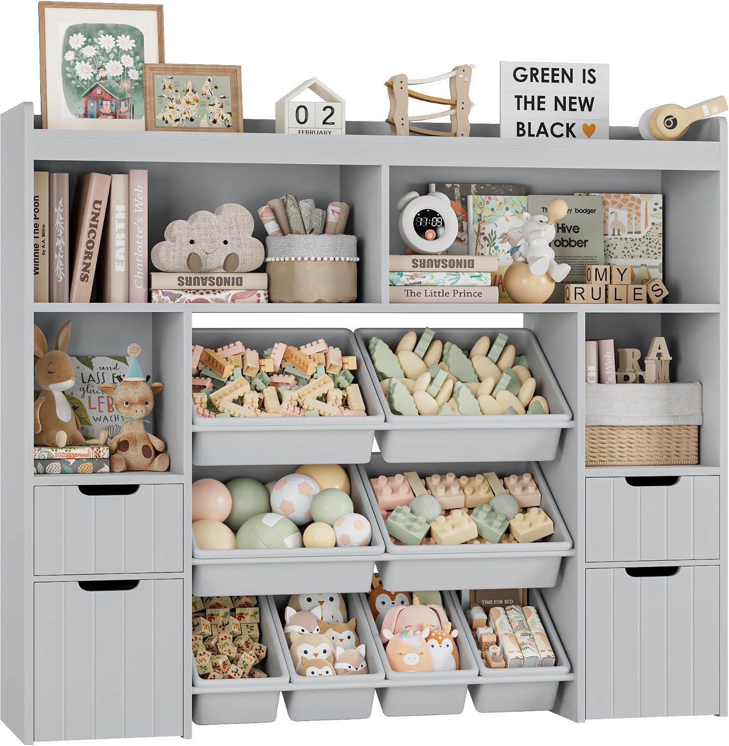 HORSTORS 55″ W Toy Storage Organizer, Large Kids Bookshelf, Toy Box, Grey