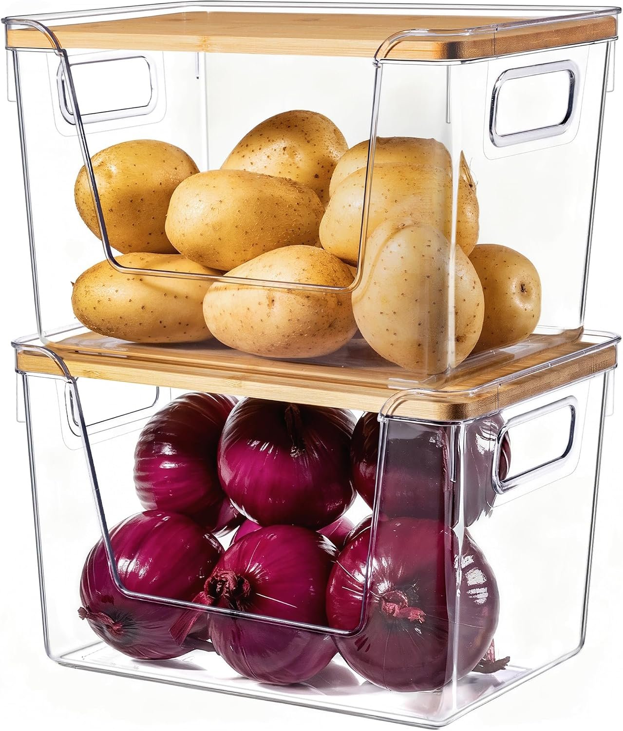Criusia 2 Set Pantry Organizers and Storage with Bamboo Lids, Stackable Clear Bins for Onion, Potato, Fruit, Vegetables, Trash Bag Dispenser, Kitchen and Under Sink Organizer