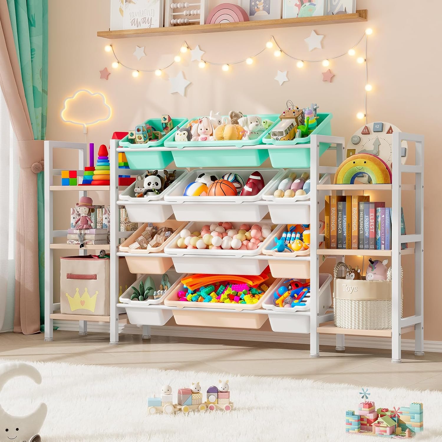 Extra Large Toy Storage – Toy Storage Organizer, Kids Bookshelf and Toy Organizer, 3-Tier Nursery Bookshelf with 12 Bins & Anti-Tip for Playroom Bedroom, Natural