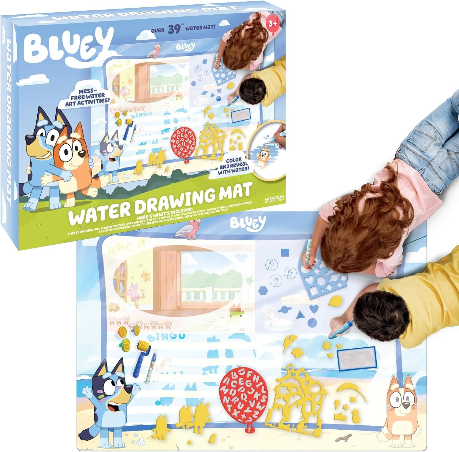 Bluey Water Drawing Mat – Mess-Free Water Art with Stamps, Stencils, and Reusable Accessories for Toddlers