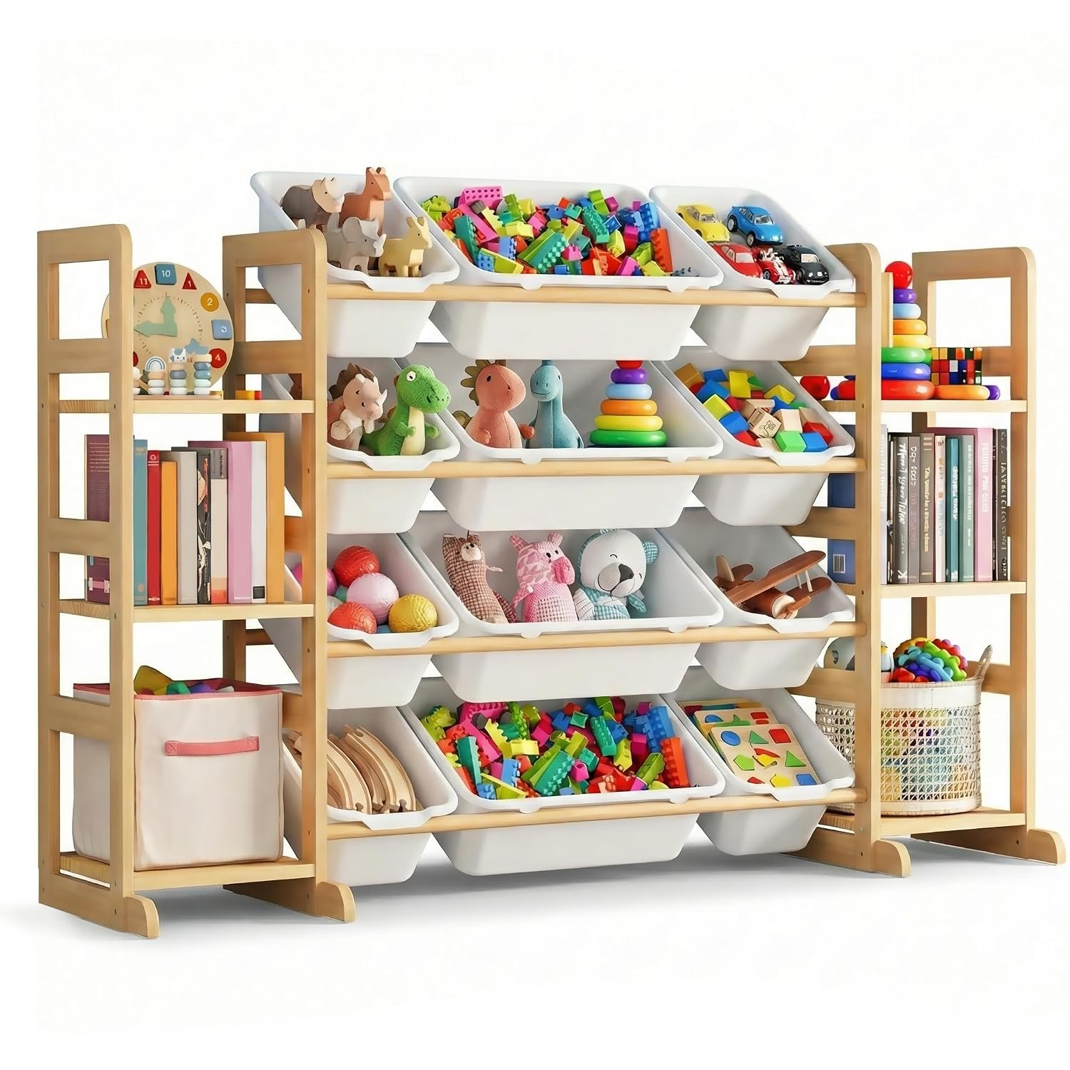 Kiddocood Kids Toy Storage Organizer with 12 Bins, 100% Solid Wood – Natural Finish Montessori Toy Organizer, BPA Free, CPC-Certified Playroom Organization for Living Room & Nursery, 52.3″