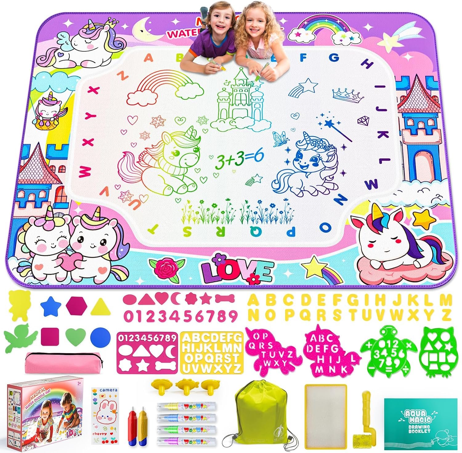 Water Doodle Mat,40 x 32 Inch Large Drawing Mat with Backpack,Educational Toys Gifts for Kids Boys Girls,Mess Free Painting for Toddlers Age 2 3 4 5 6 7 8 Year Old