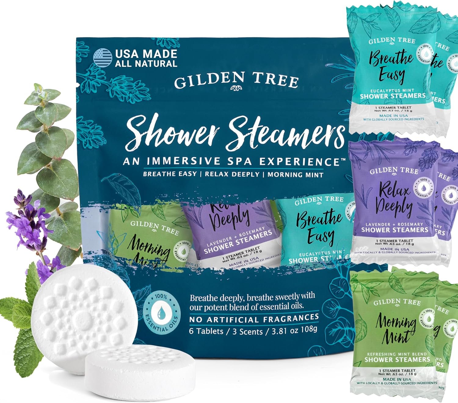 Shower Steamers Aromatherapy Variety Pack Made in USA, Sinus Relief Relaxation & Energy 100% Essential Oils, Birthday Gifts for Women Men Teens Adults, Individually Wrapped (6 Pack, 3 Scents)