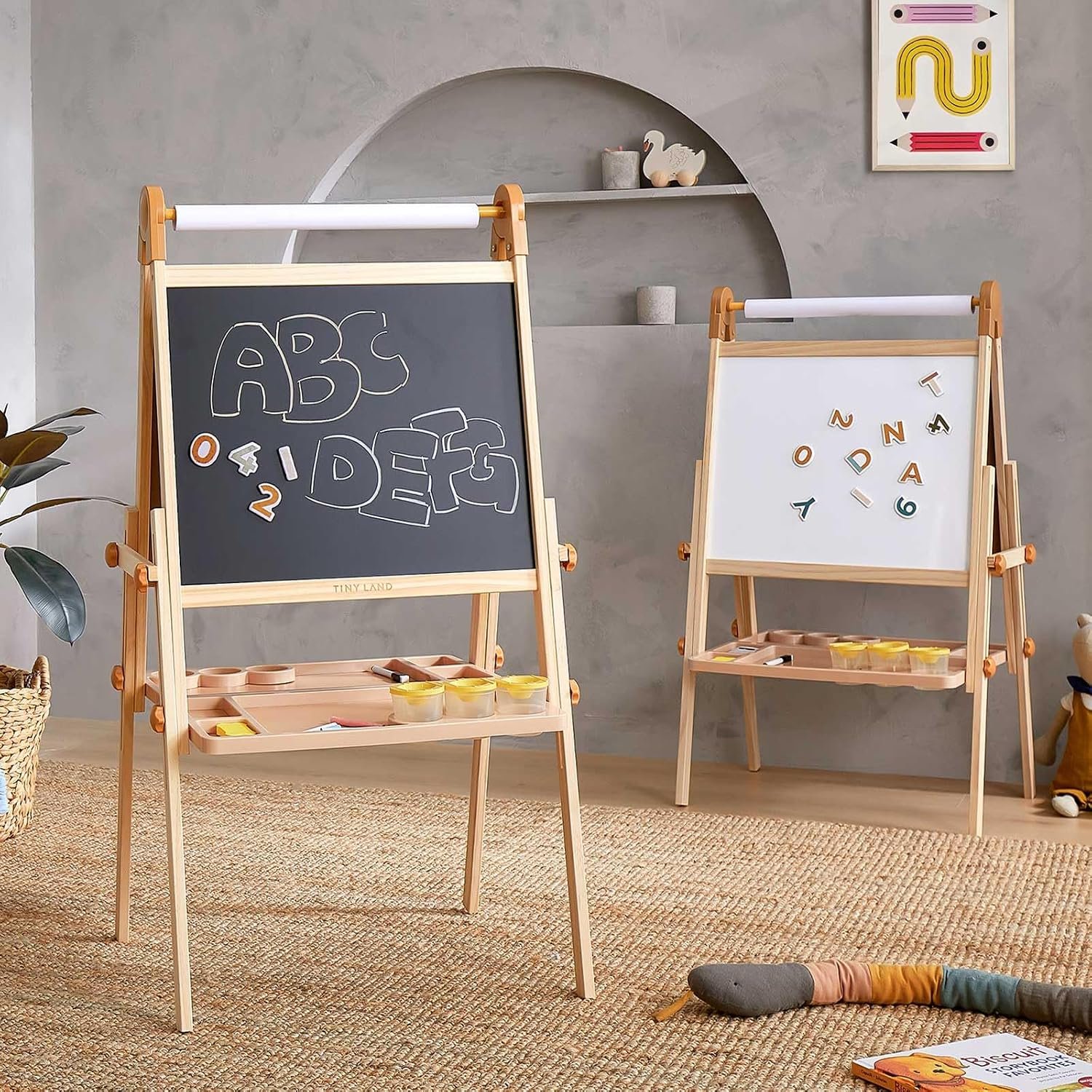 Tiny Land Foldable Wooden Art Easel for Kids, with Chalkboard & Whiteboard