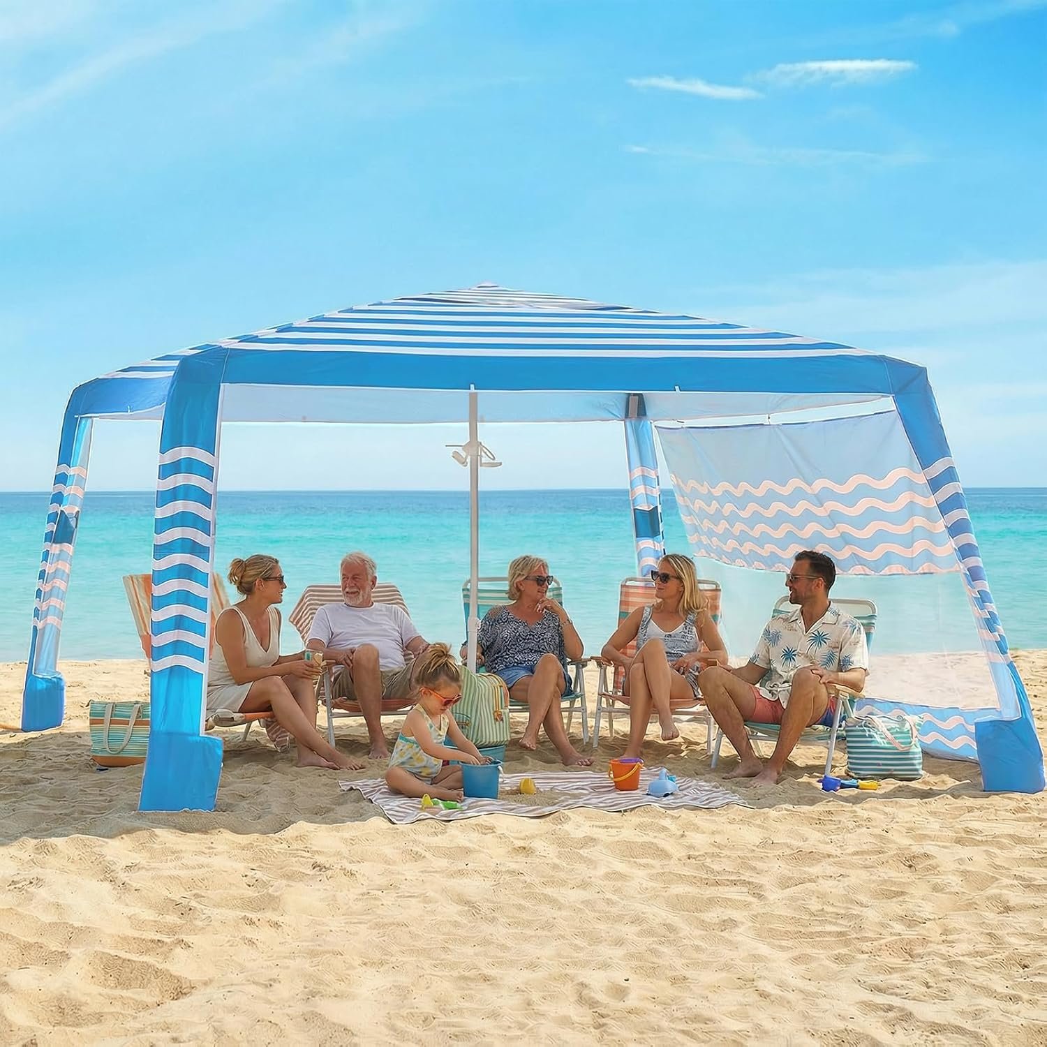 Zeraty Beach Cabana 8’×8′, Portable Beach Canopy with Side Wall, UPF 50+ Silver-Coated Beach Tent Sun Shelter Easy Pop Up, Wind Resistant Adjustable Height Beach Umbrella Tent for Family, Light Blue